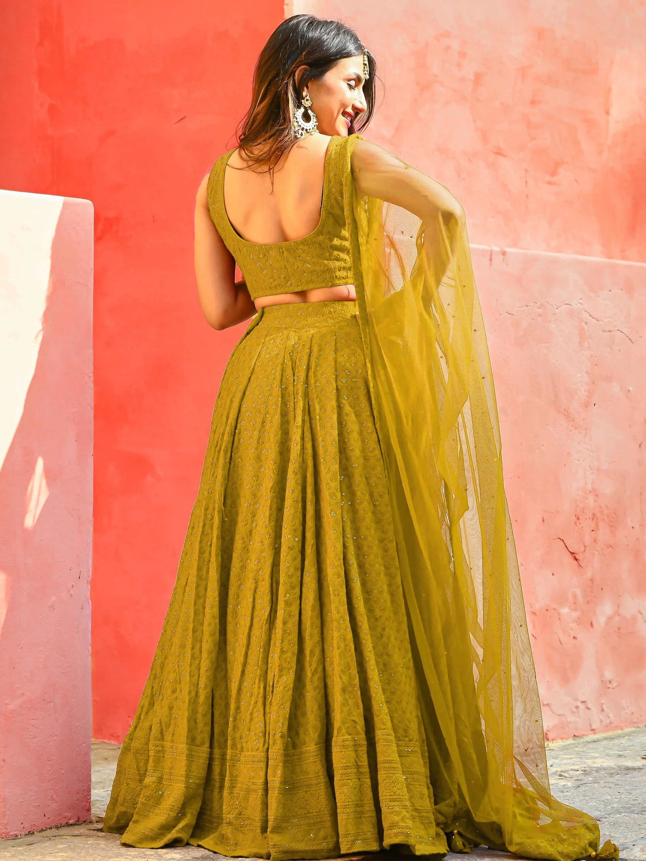 Sequins georgette lehenga choli with thread embroidery for wedding and sangeet occasions
