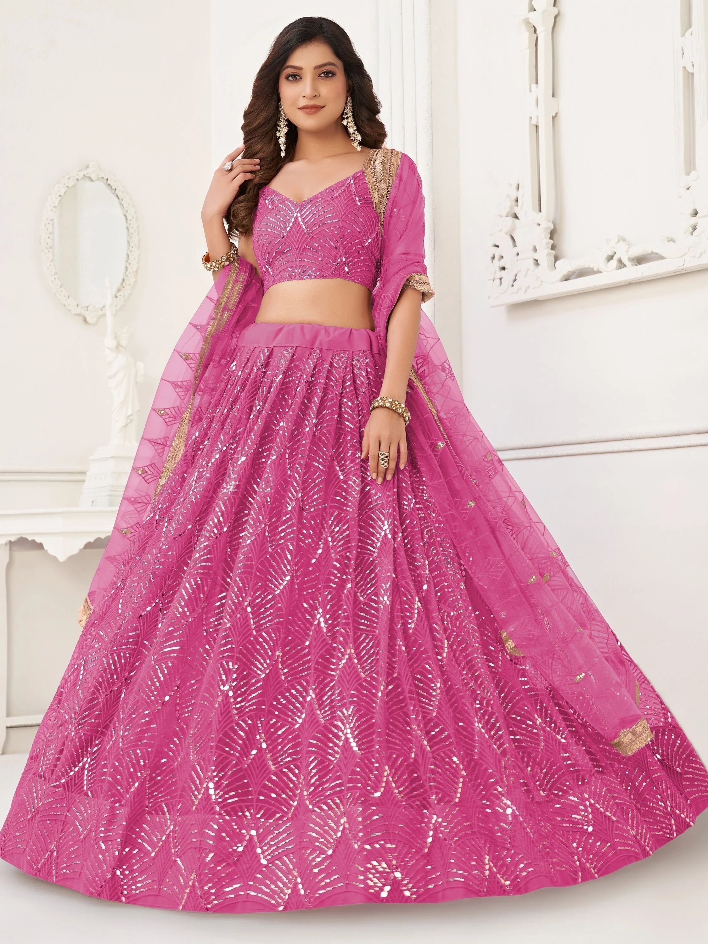 Pink Incredible Thread Work Net Designer Lehenga Choli for Women
