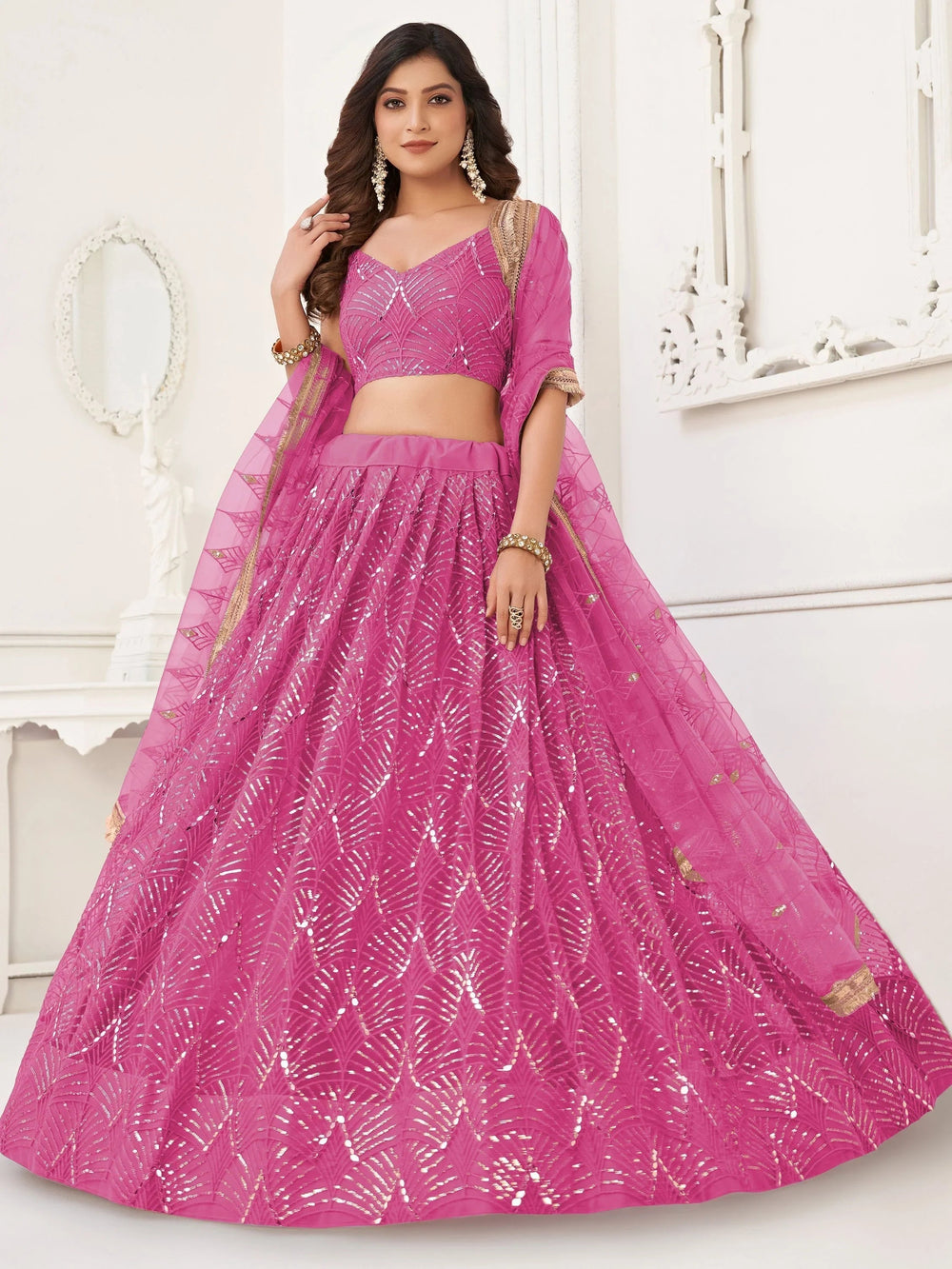 Pink Incredible Thread Work Net Designer Lehenga Choli for Women