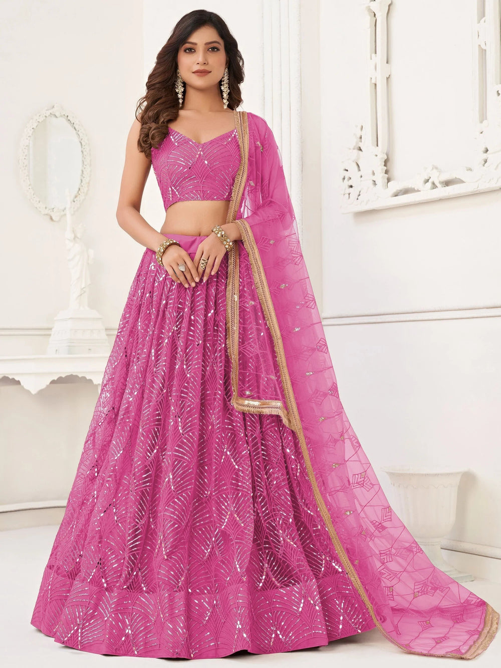 Pink Incredible Thread Work Net Designer Lehenga Choli for Women