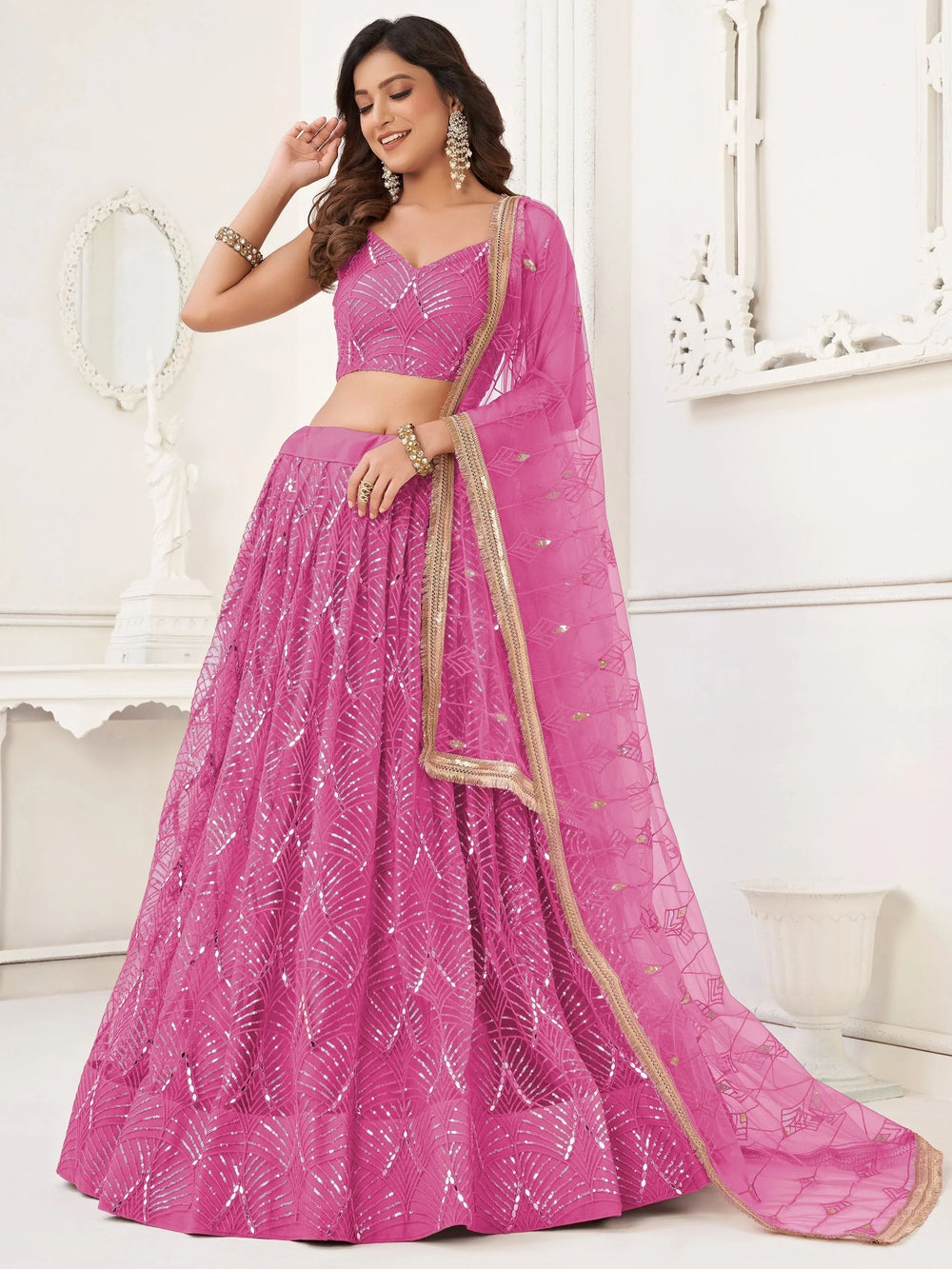 Pink Incredible Thread Work Net Designer Lehenga Choli for Women