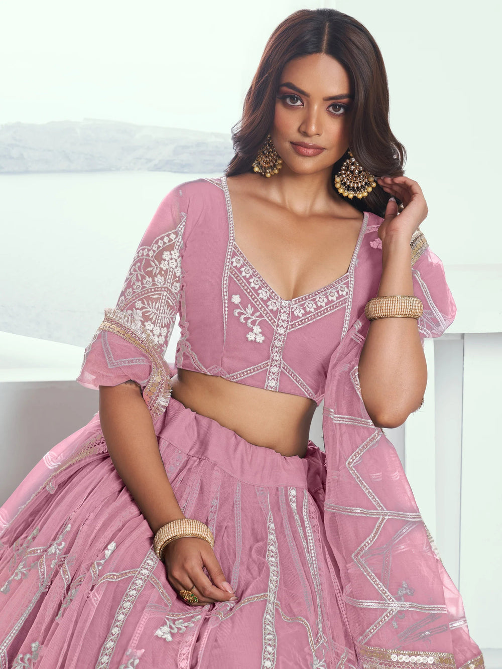 Pink Slate Embroidered Net Engagement Wear Lehenga Choli for Women