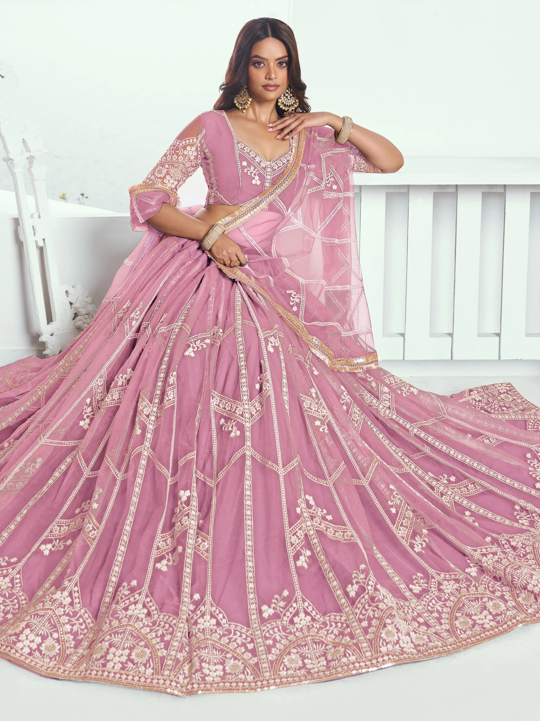 Pink Slate Embroidered Net Engagement Wear Lehenga Choli for Women