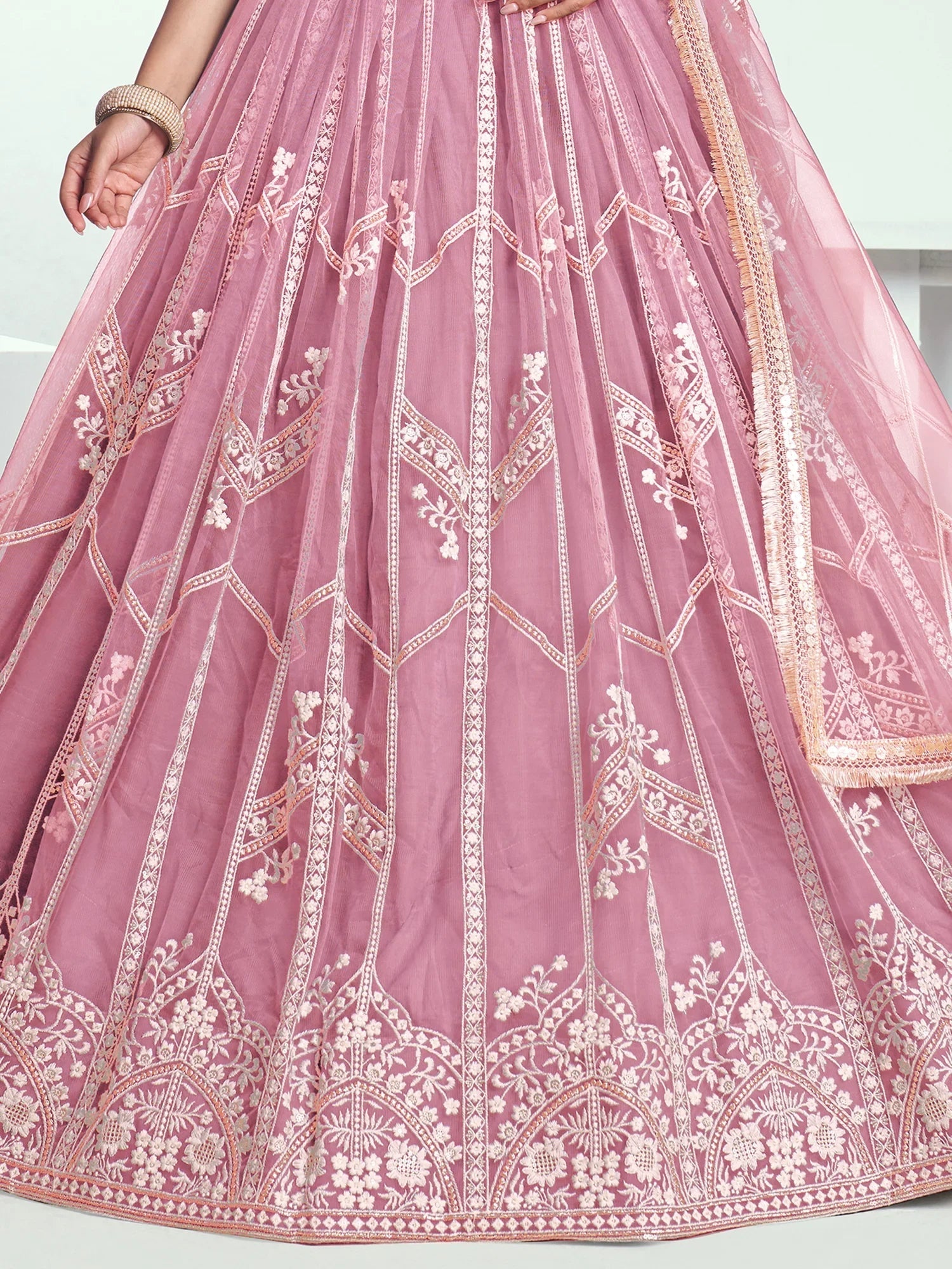 Pink Slate Embroidered Net Engagement Wear Lehenga Choli for Women