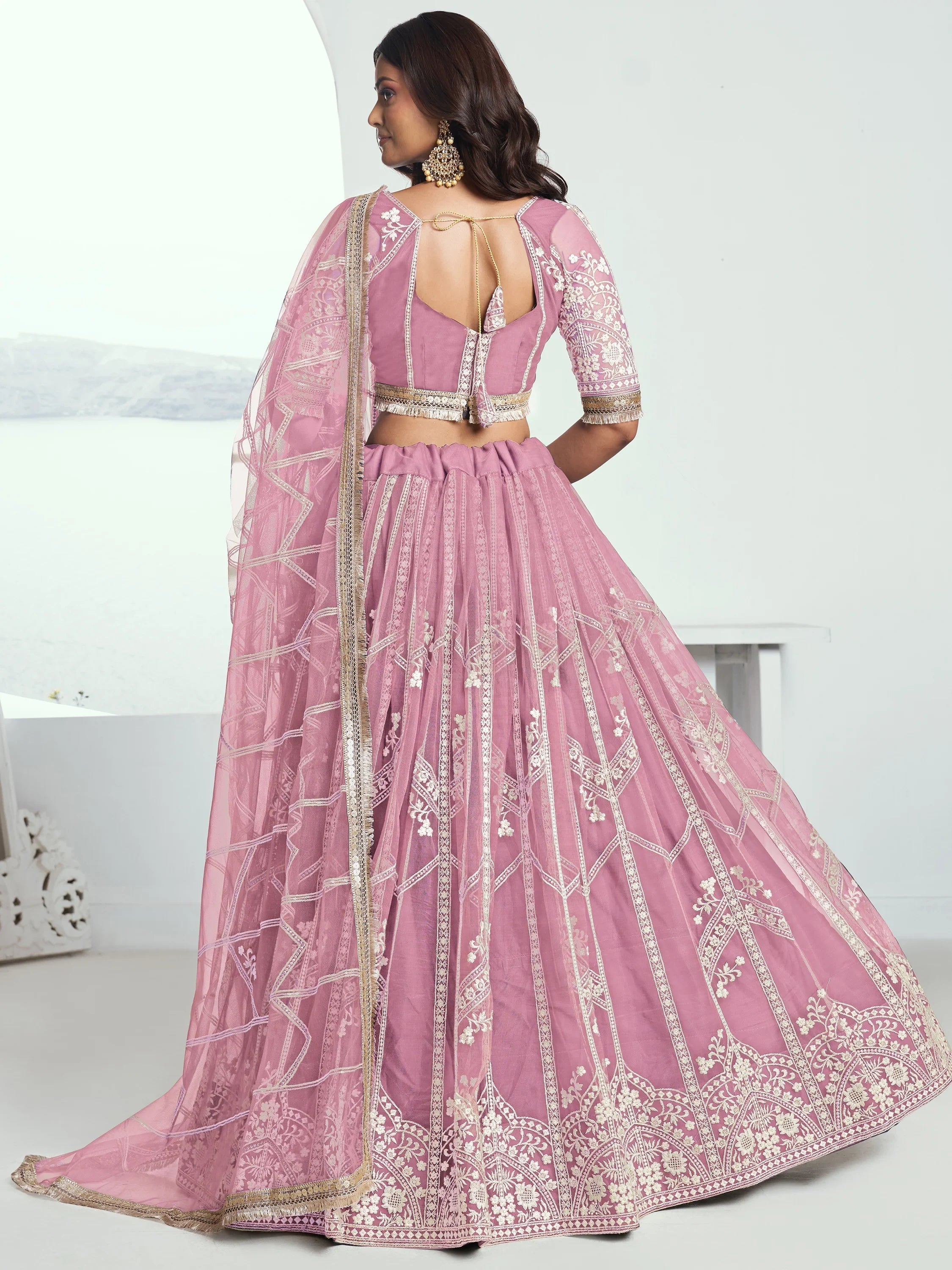 Pink Slate Embroidered Net Engagement Wear Lehenga Choli for Women