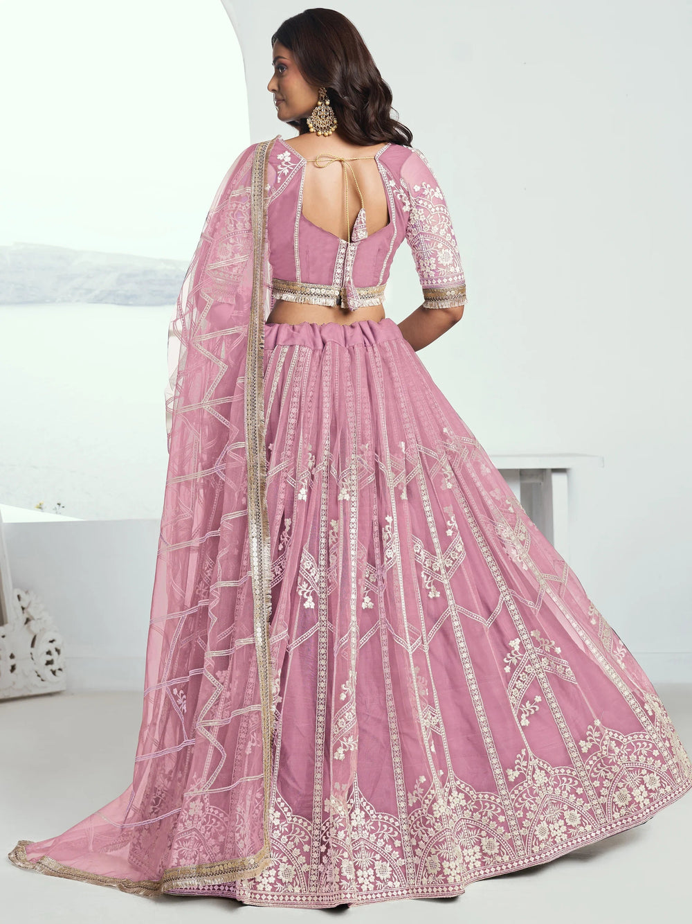 Pink Slate Embroidered Net Engagement Wear Lehenga Choli for Women