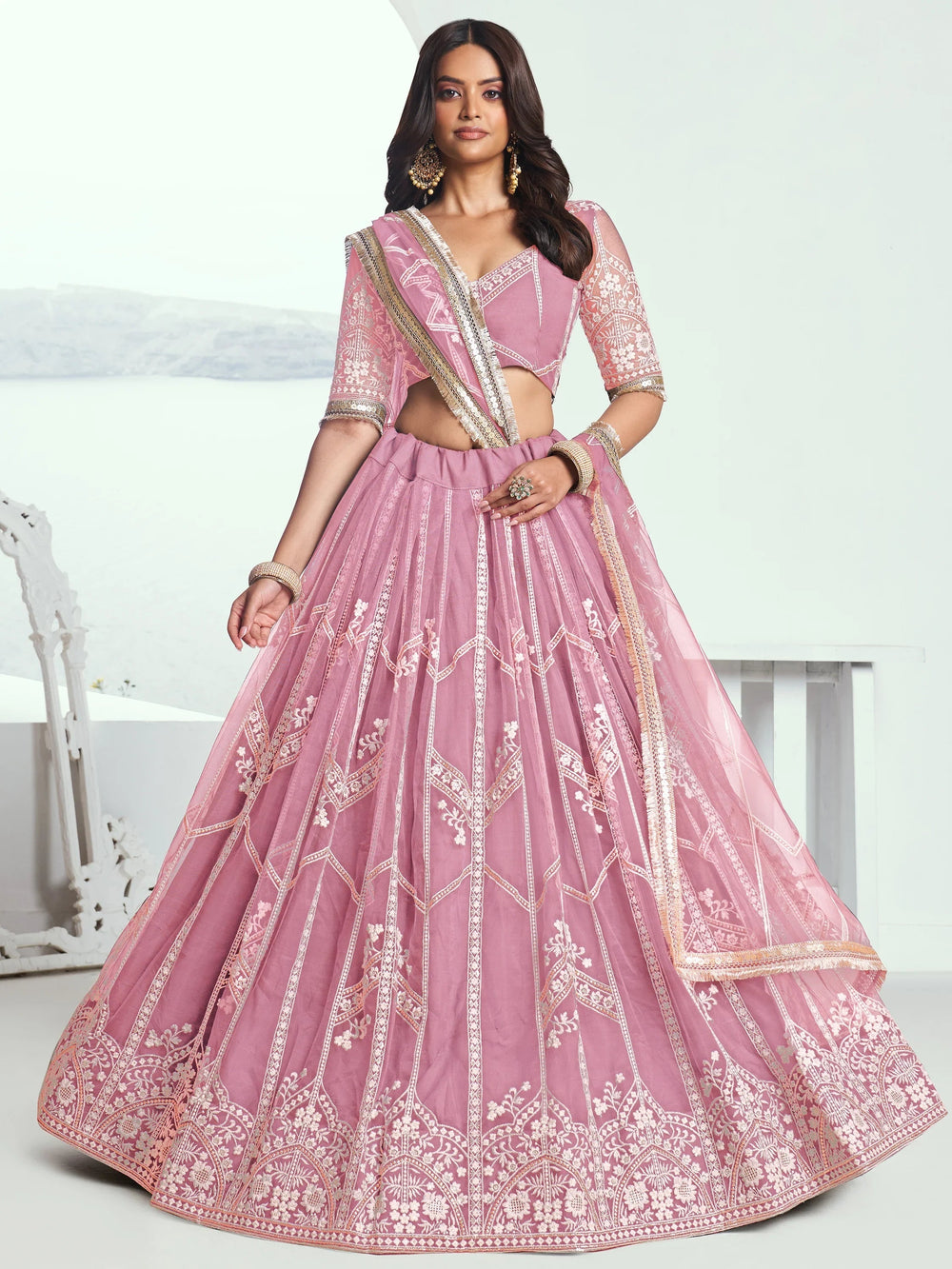 Pink Slate Embroidered Net Engagement Wear Lehenga Choli for Women