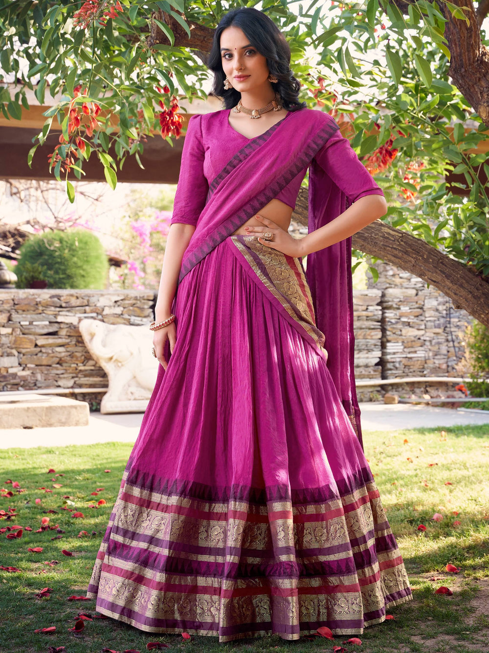 Pink Chanderi Silk Zari Weaving Lehenga With Blouse
