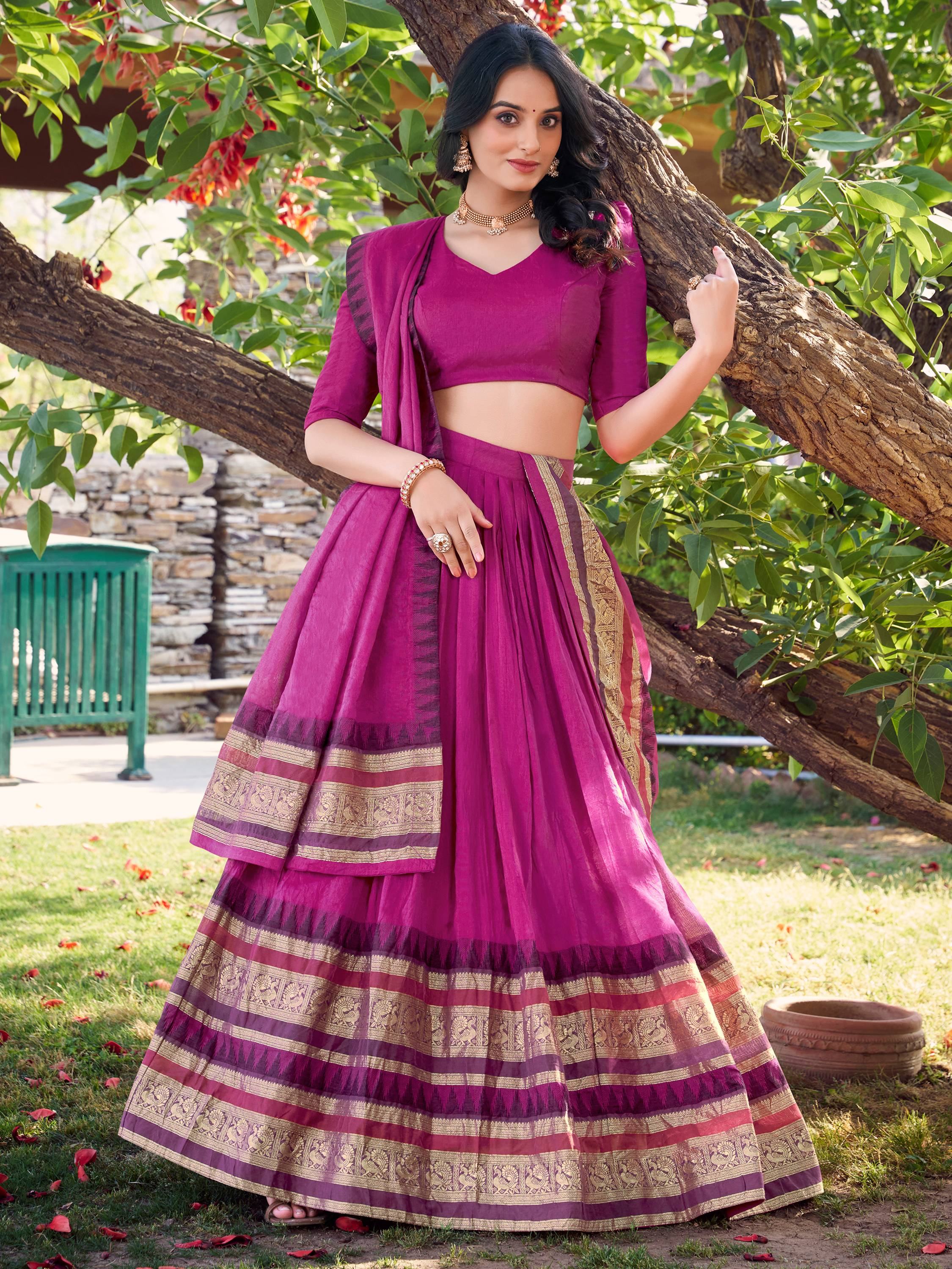 Pink Chanderi Silk Zari Weaving Lehenga With Blouse