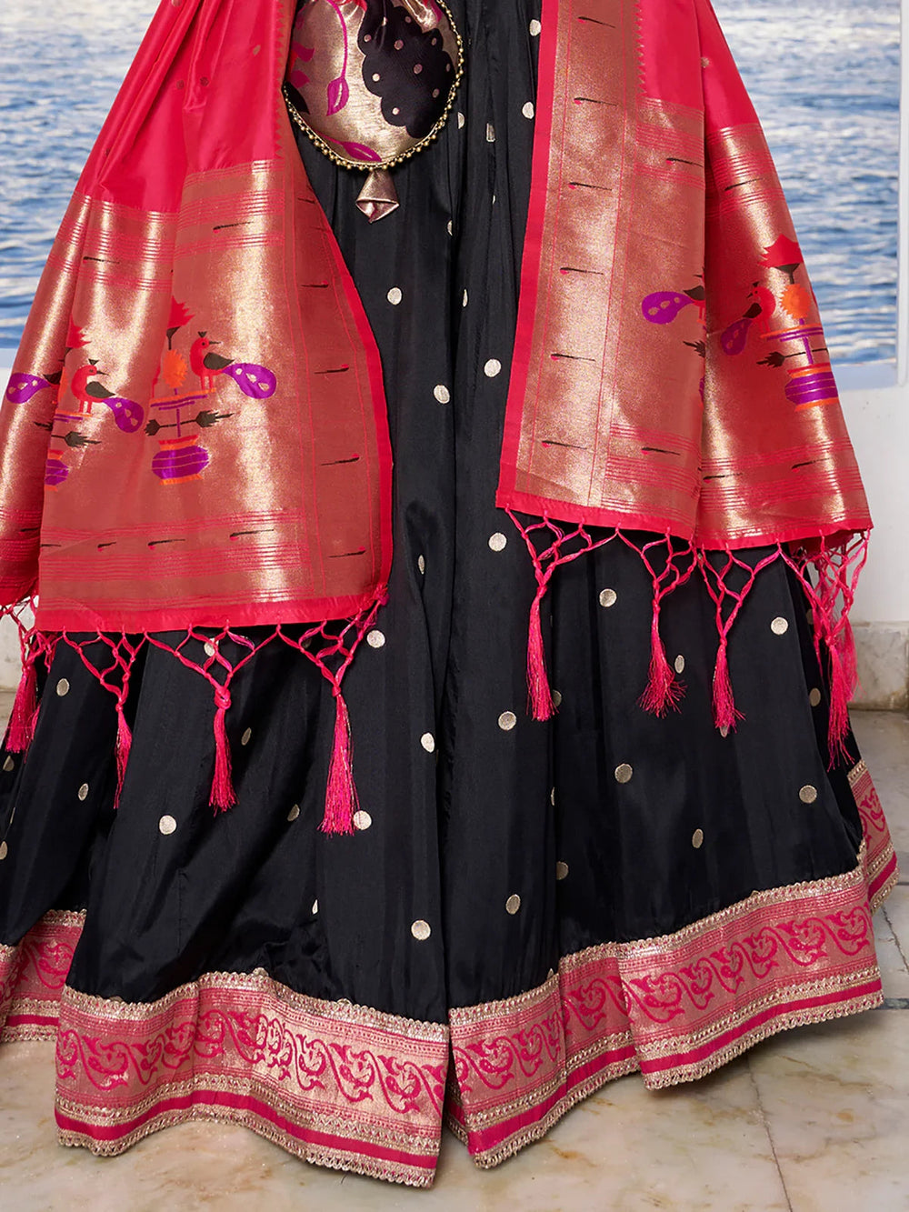 Black Silk Zari Weaving Paithani Lehenga Choli With Dupatta