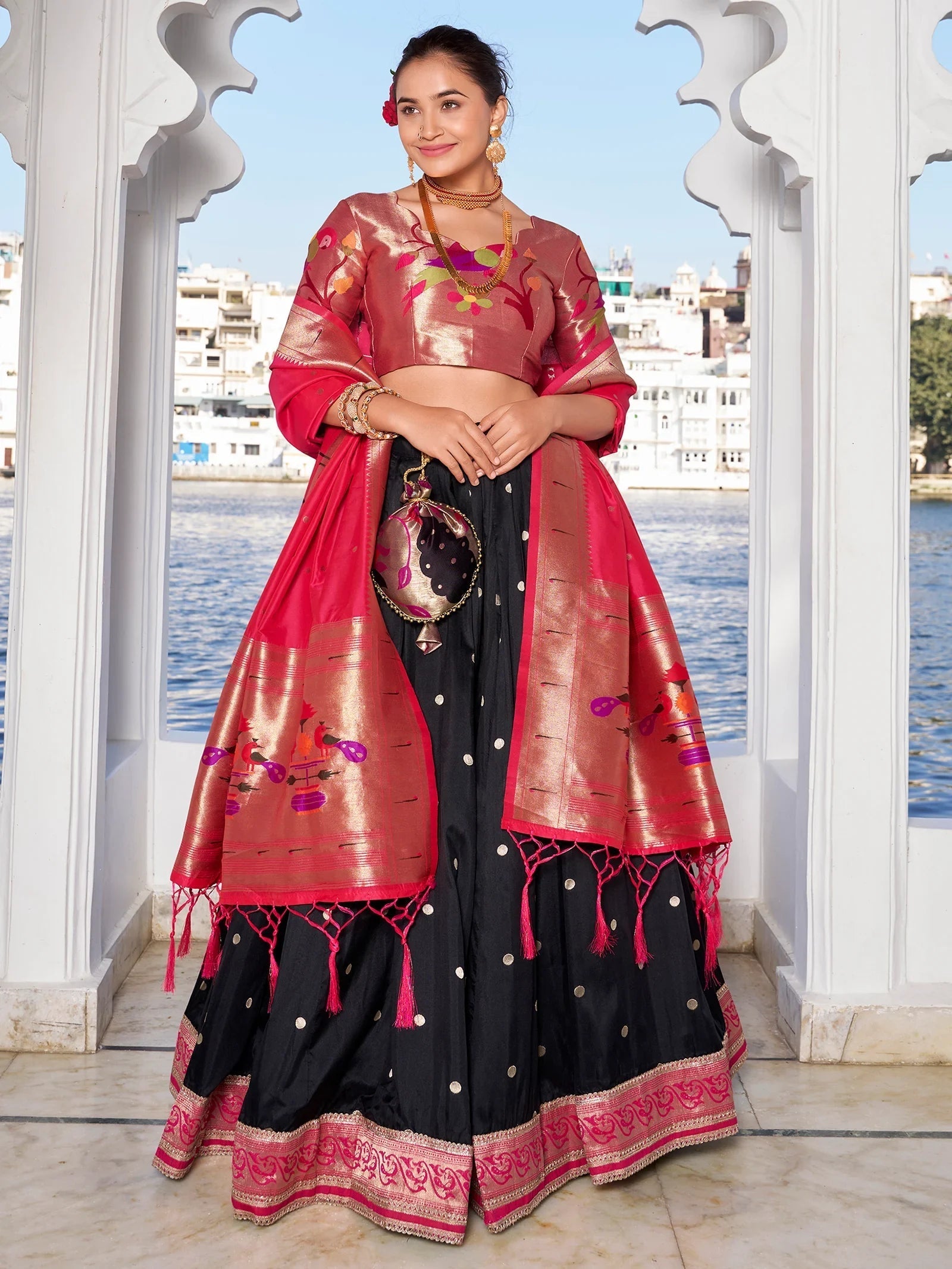Black Silk Zari Weaving Paithani Lehenga Choli With Dupatta