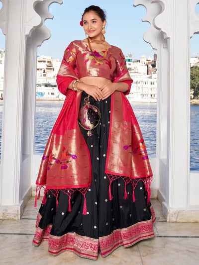 Black Silk Zari Weaving Paithani Lehenga Choli With Dupatta