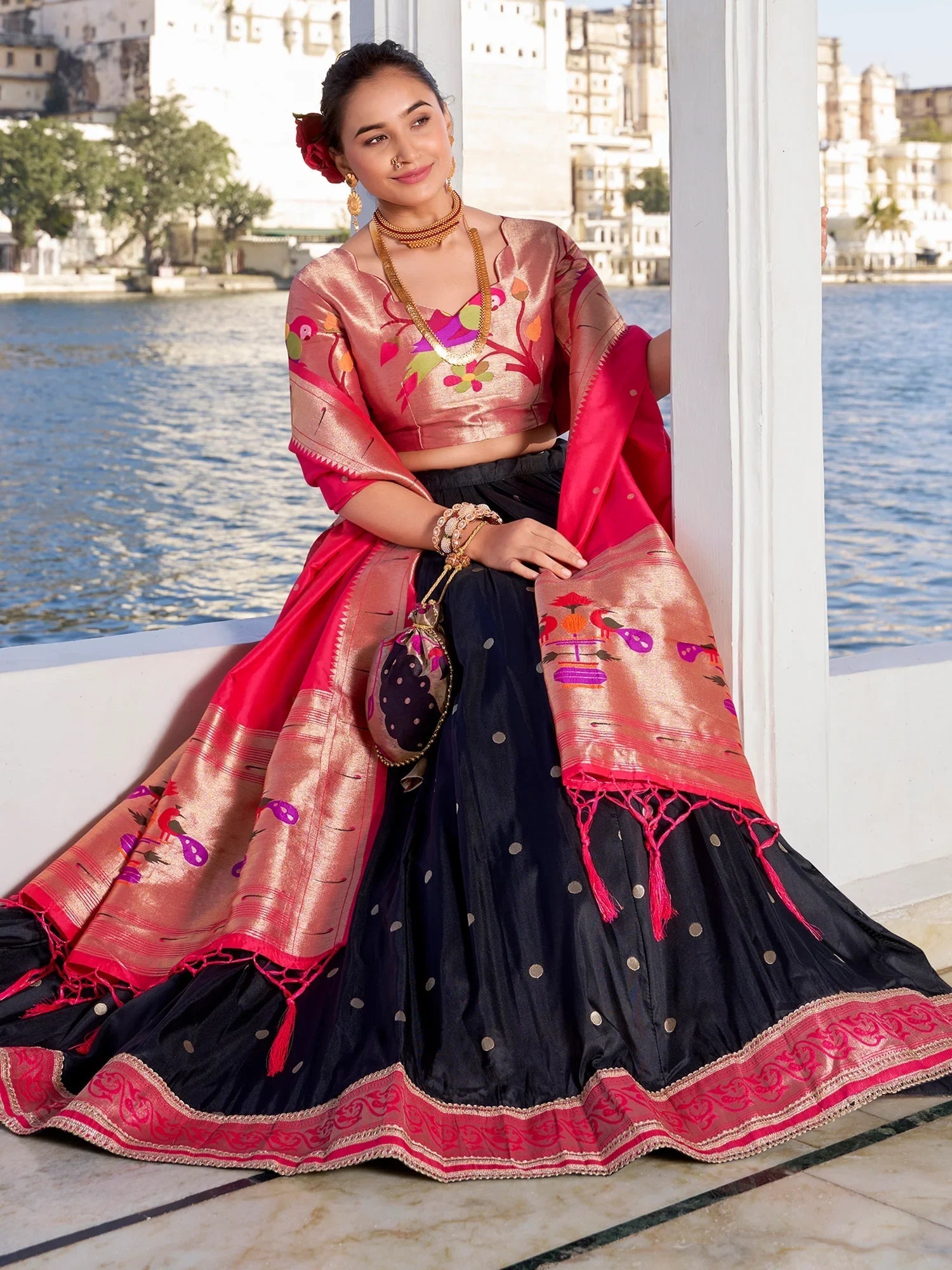Black Silk Zari Weaving Paithani Lehenga Choli With Dupatta