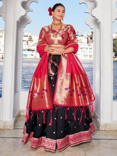 Black Silk Zari Weaving Paithani Lehenga Choli With Dupatta