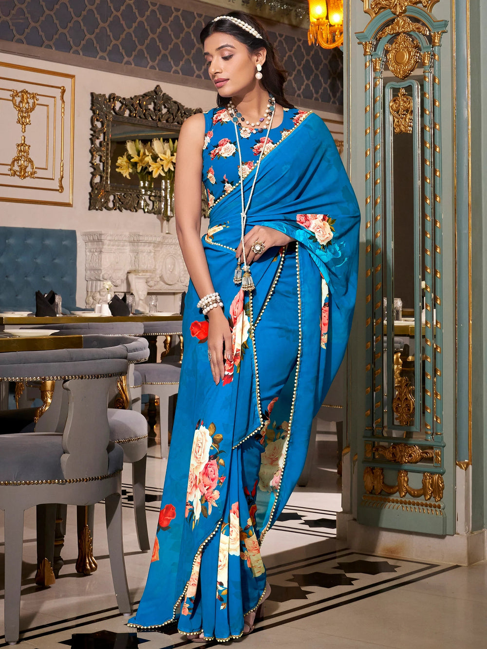 Firozi Floral Printed Festival Wear Saree