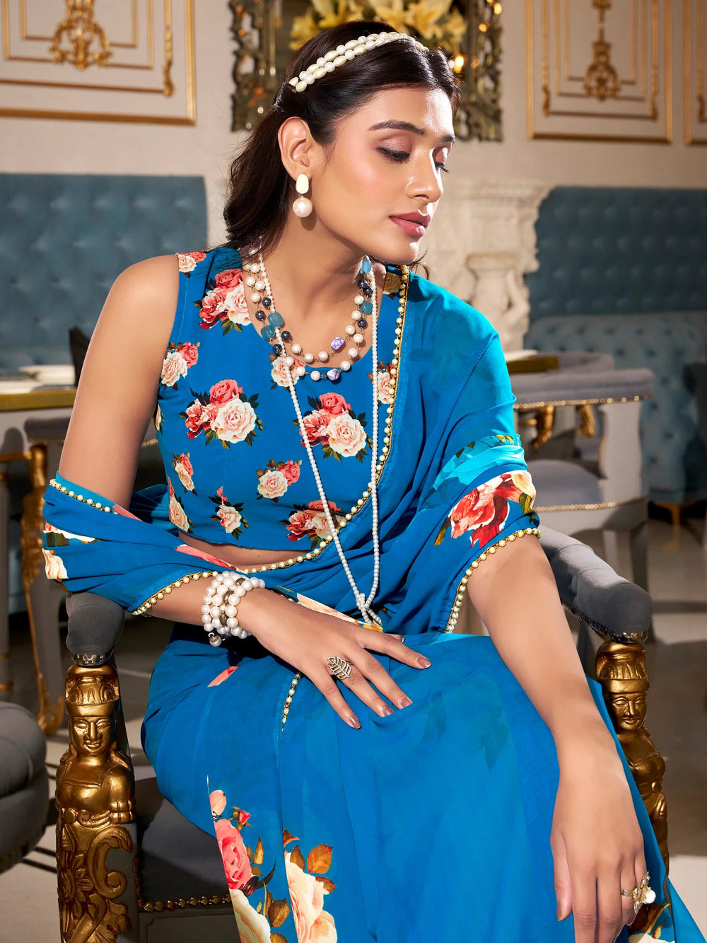 Firozi Floral Printed Festival Wear Saree