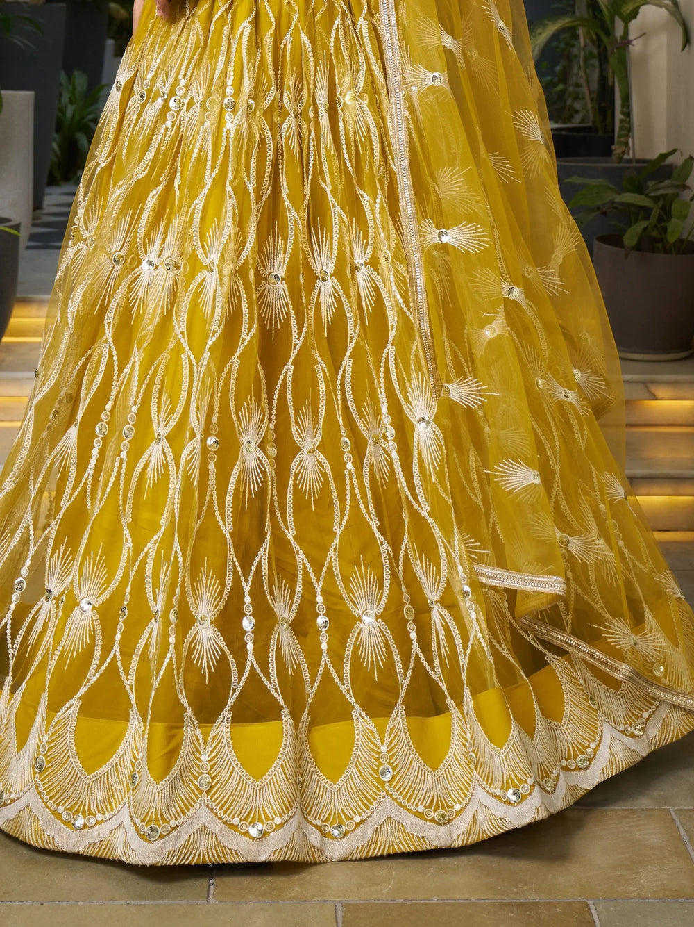 Mustard Yellow Embroidered Net Haldi Wear Lehenga Choli for Women