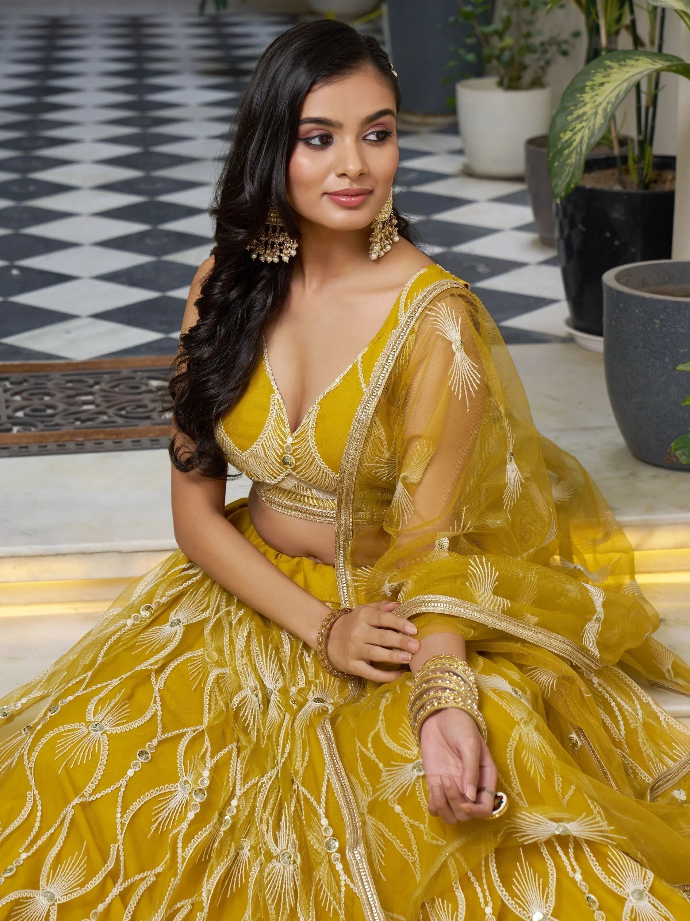 Mustard Yellow Embroidered Net Haldi Wear Lehenga Choli for Women
