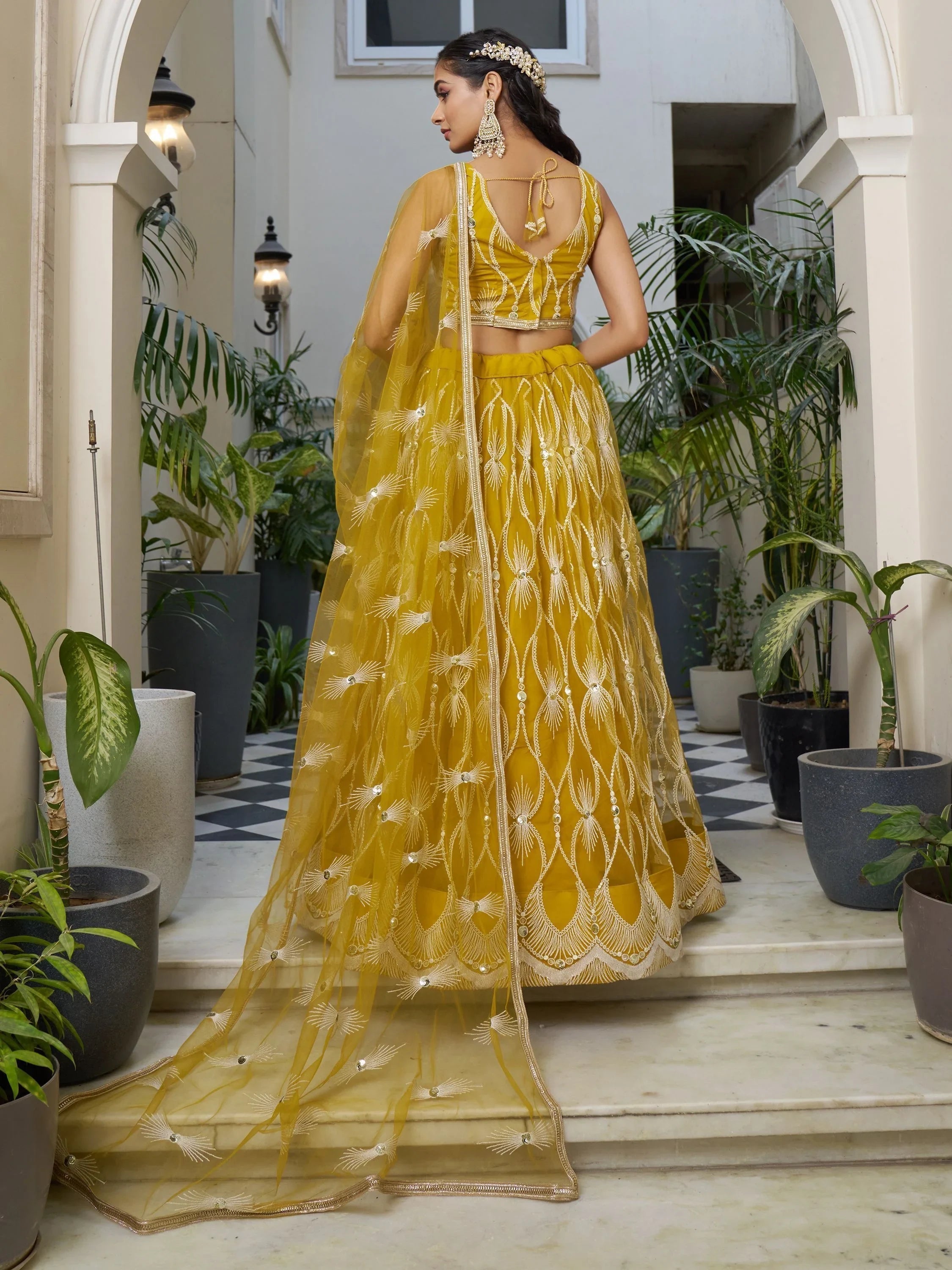 Mustard Yellow Embroidered Net Haldi Wear Lehenga Choli for Women