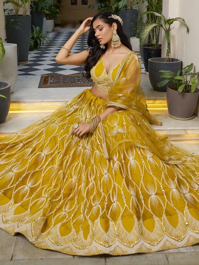 Mustard Yellow Embroidered Net Haldi Wear Lehenga Choli for Women