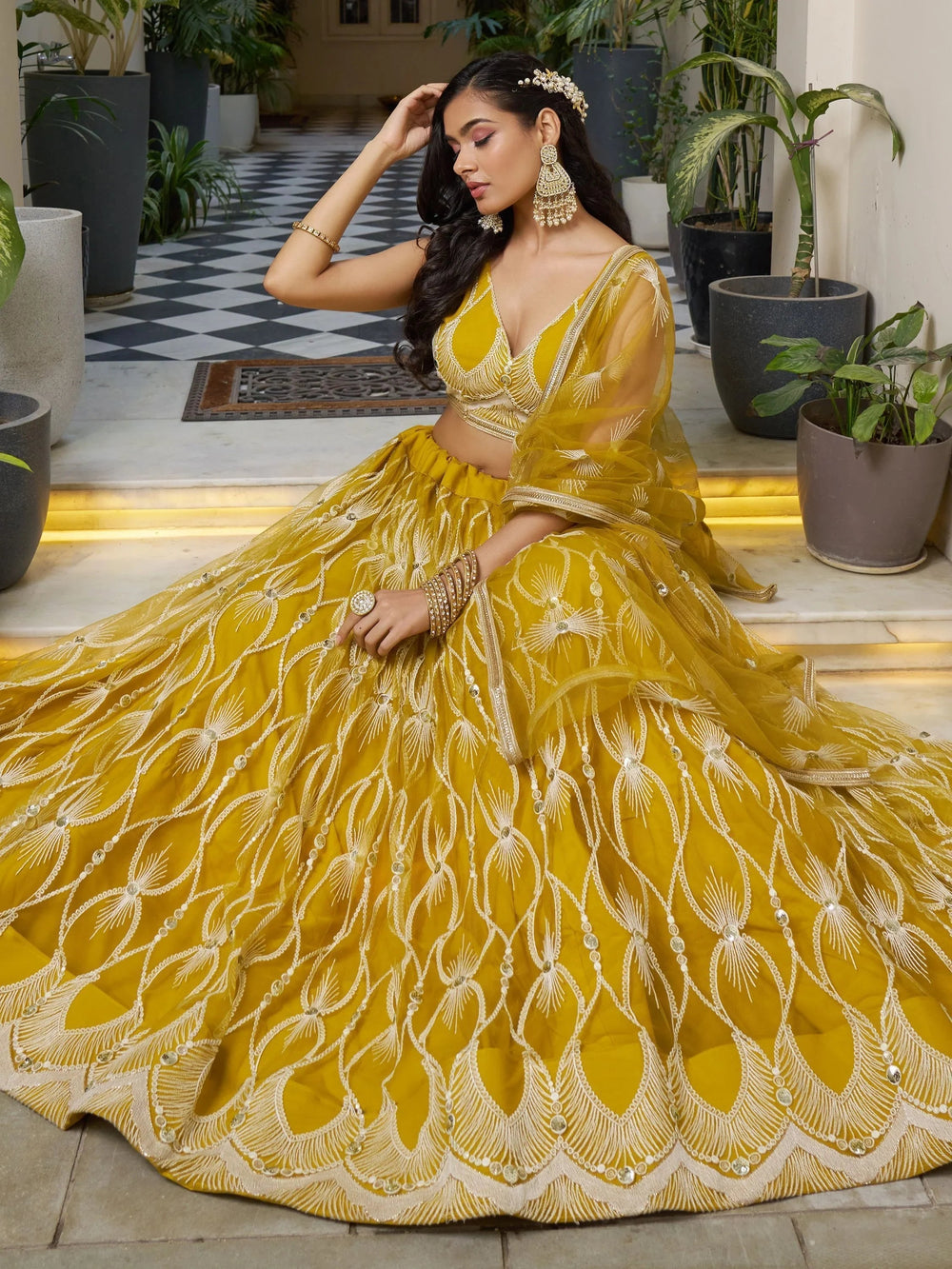 Mustard Yellow Embroidered Net Haldi Wear Lehenga Choli for Women