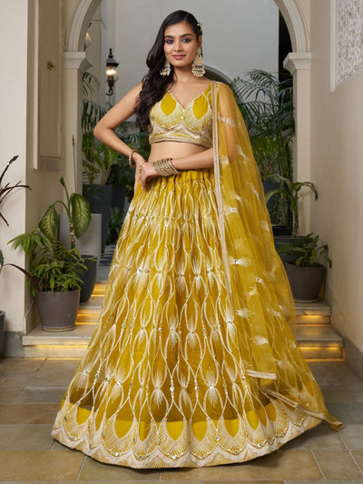Mustard Yellow Embroidered Net Haldi Wear Lehenga Choli for Women