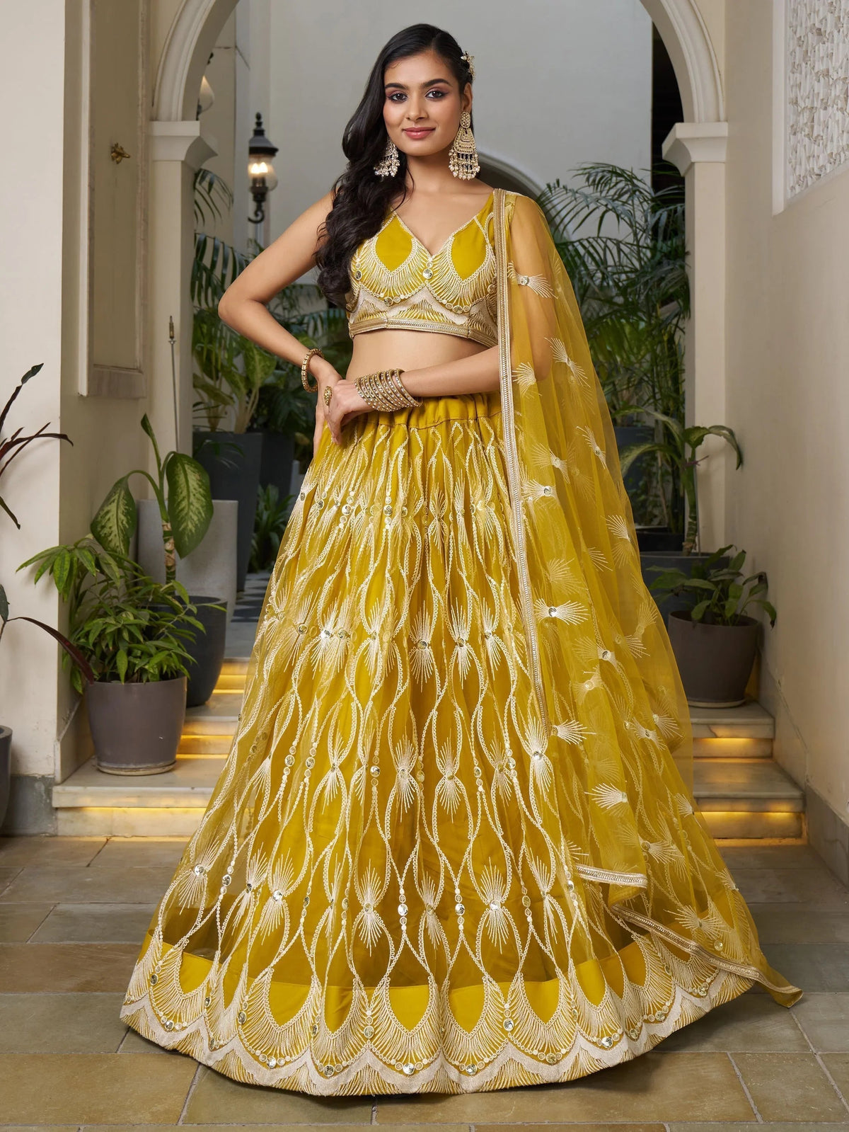 Mustard Yellow Embroidered Net Haldi Wear Lehenga Choli for Women