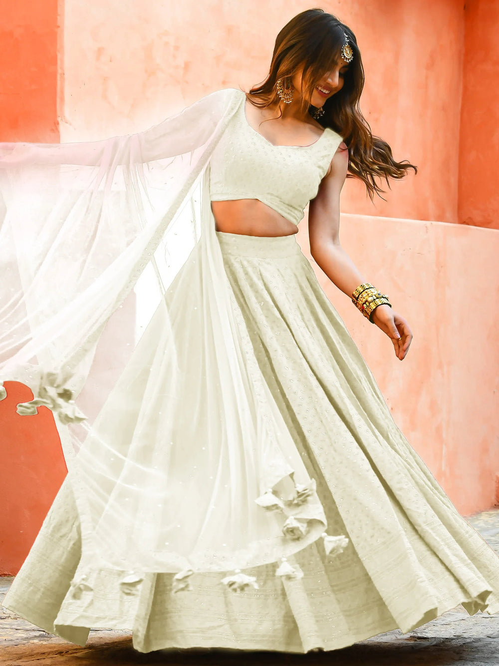 Sequins georgette lehenga choli with thread embroidery for wedding and sangeet occasions - White Sequins Georgette Event Lehenga Choli for Ladies