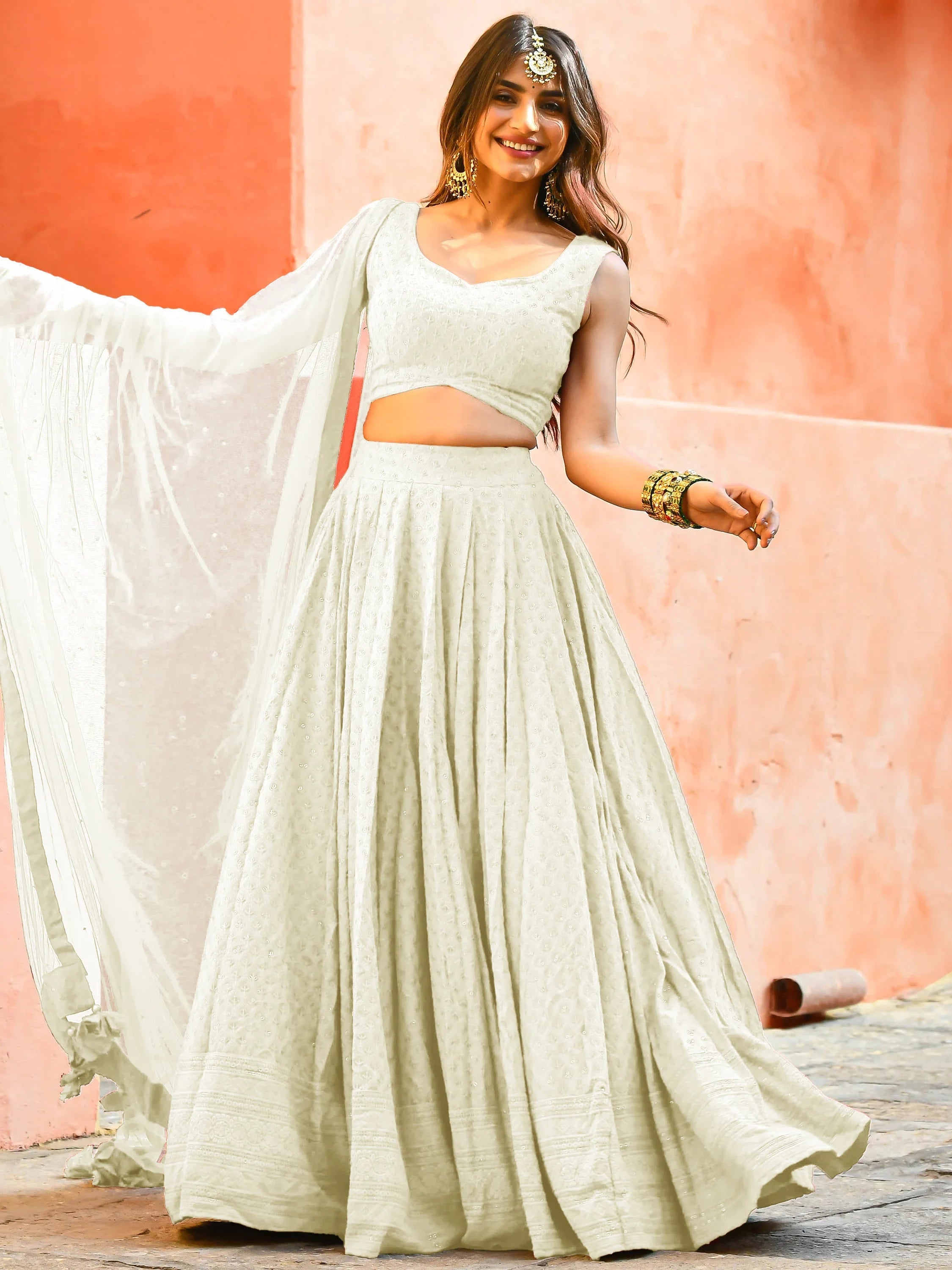 Sequins georgette lehenga choli with thread embroidery for wedding and sangeet occasions - White Sequins Georgette Event Lehenga Choli for Ladies