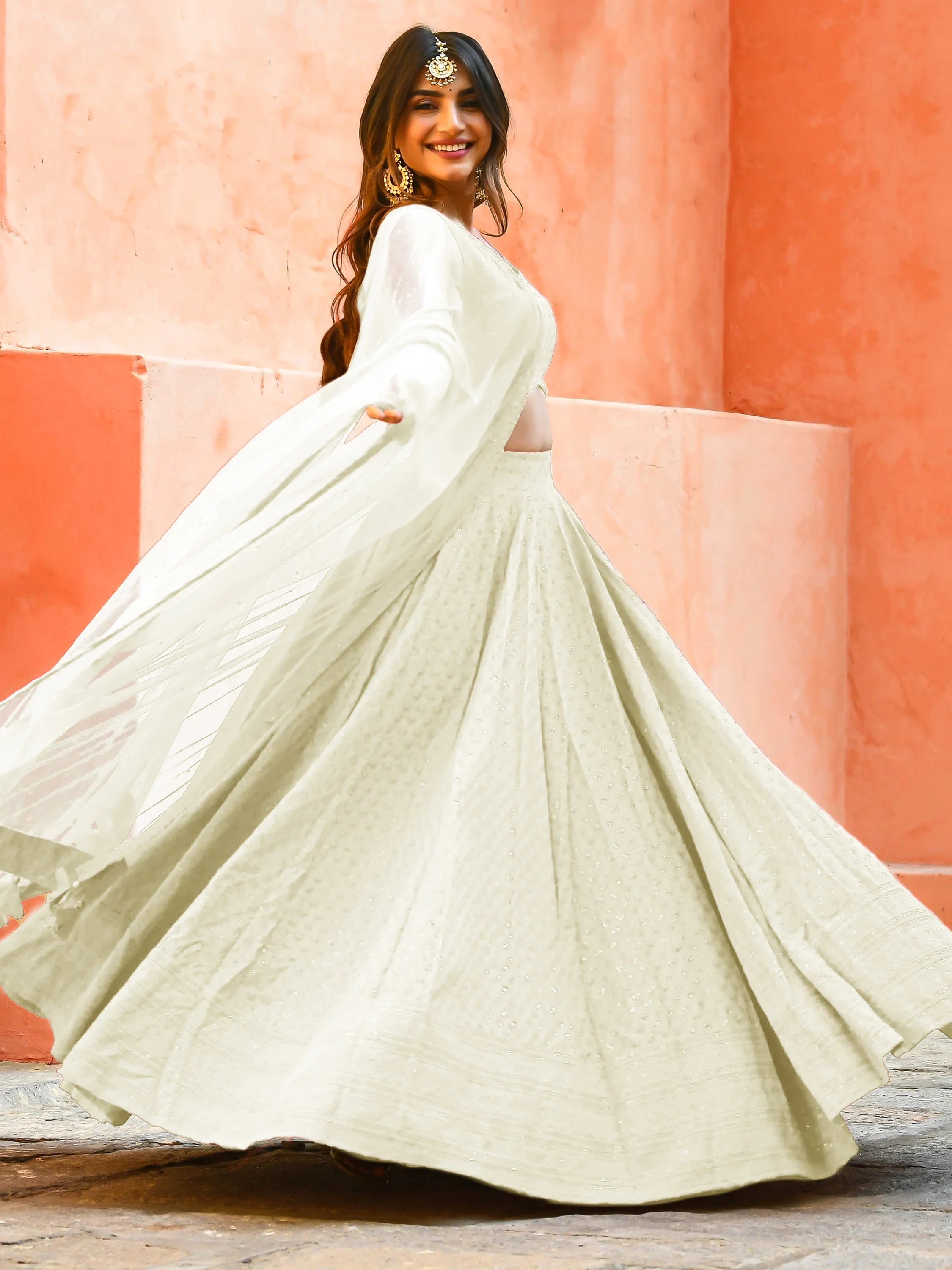 Sequins georgette lehenga choli with thread embroidery for wedding and sangeet occasions - White Sequins Georgette Event Lehenga Choli for Ladies