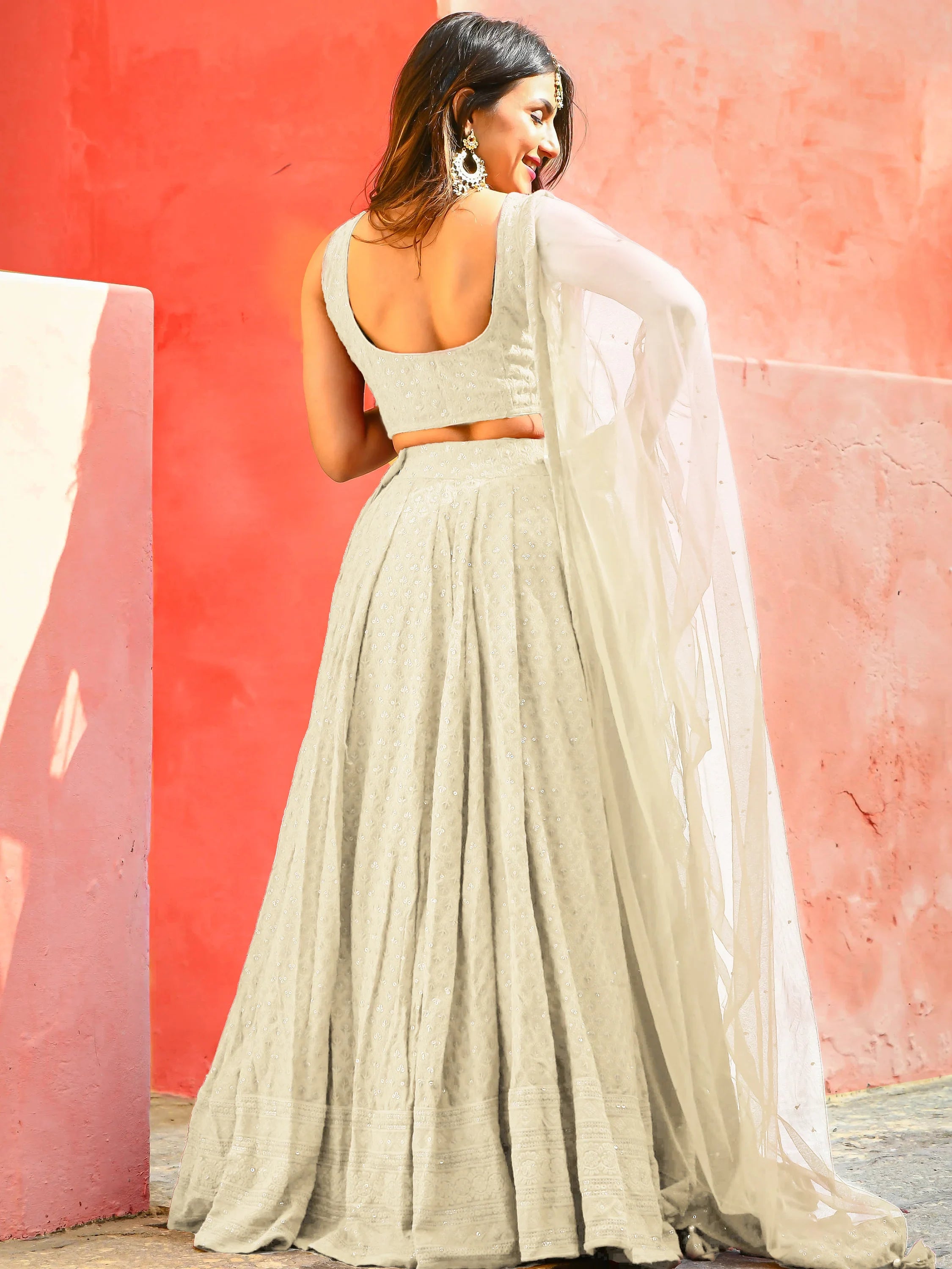 Sequins georgette lehenga choli with thread embroidery for wedding and sangeet occasions - White Sequins Georgette Event Lehenga Choli for Ladies
