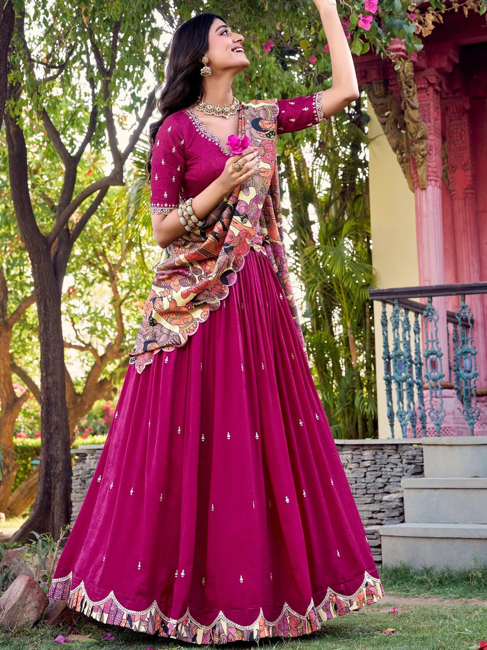 Vichitra silk embroidered lehenga choli with sequins work and dupatta for festival wear