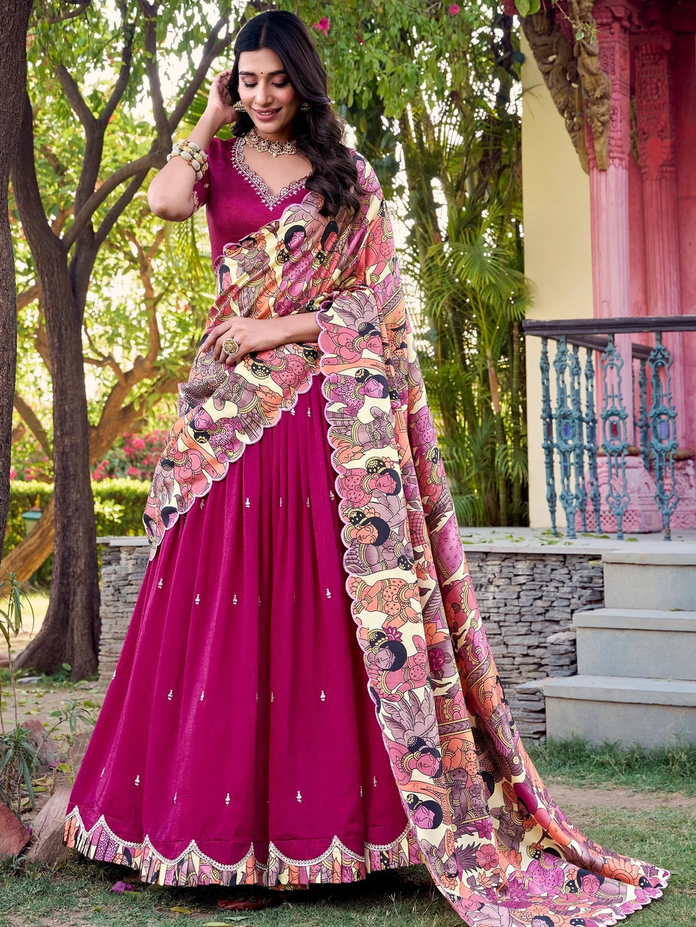 Vichitra silk embroidered lehenga choli with sequins work and dupatta for festival wear