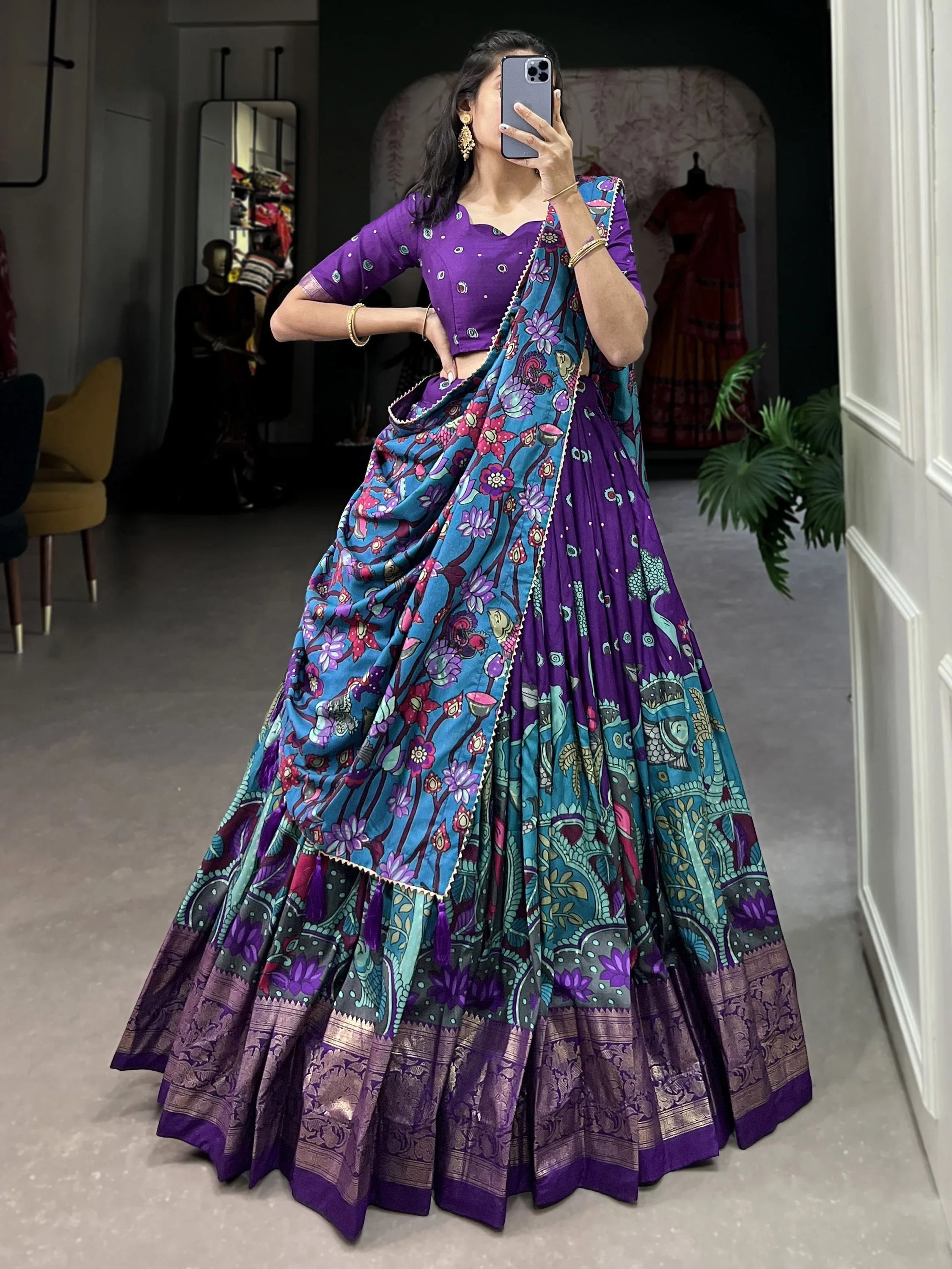 Purple Tussar Silk Kalamkari Printed Event Lehenga Choli