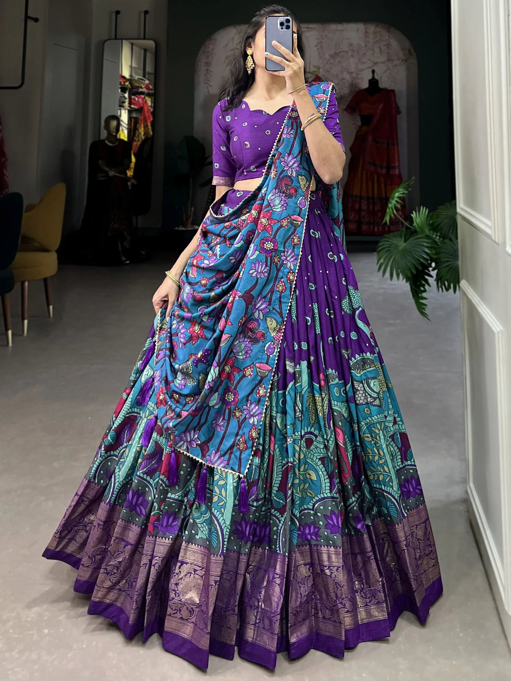 Purple Tussar Silk Kalamkari Printed Event Lehenga Choli