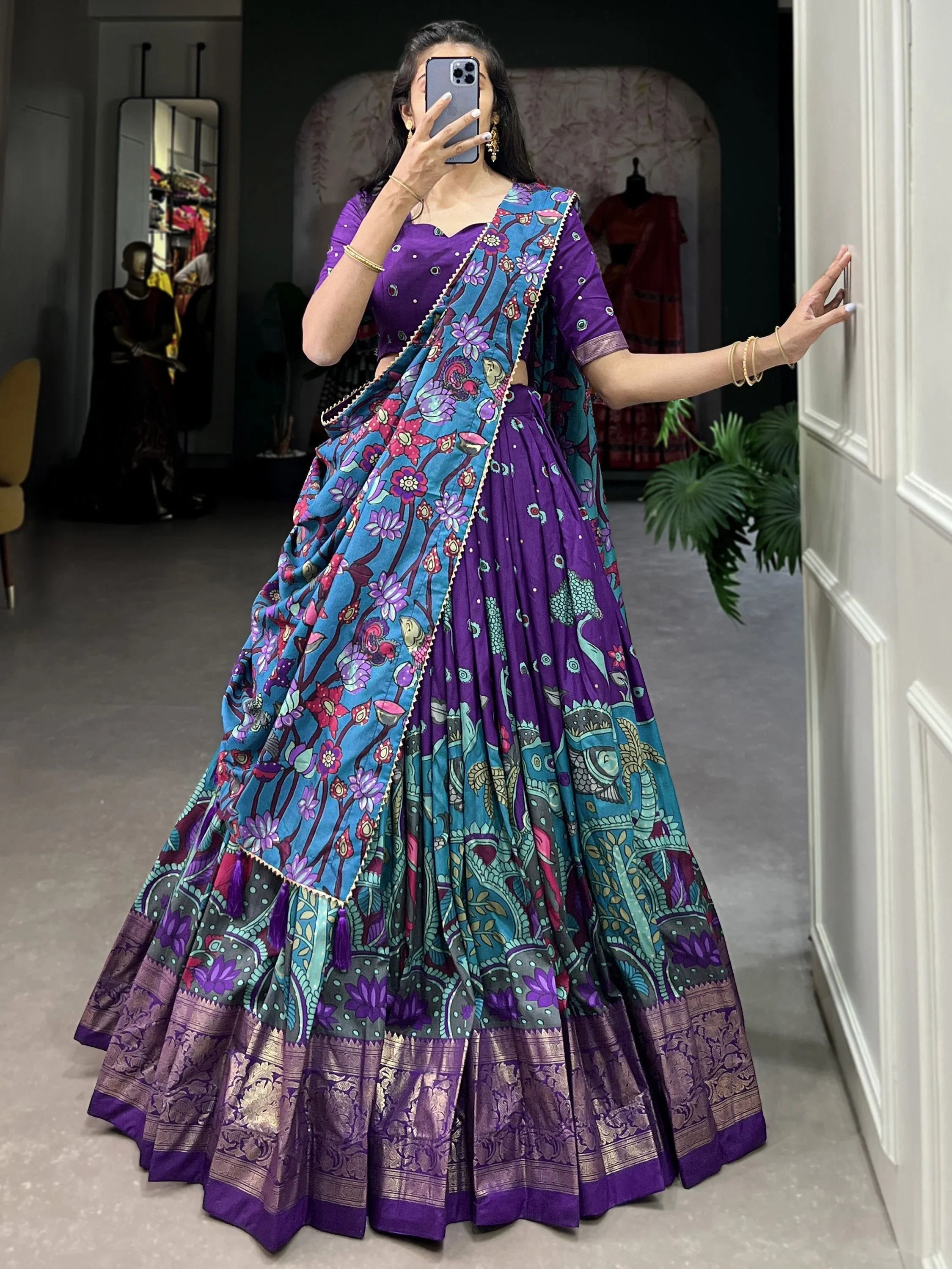 Purple Tussar Silk Kalamkari Printed Event Lehenga Choli