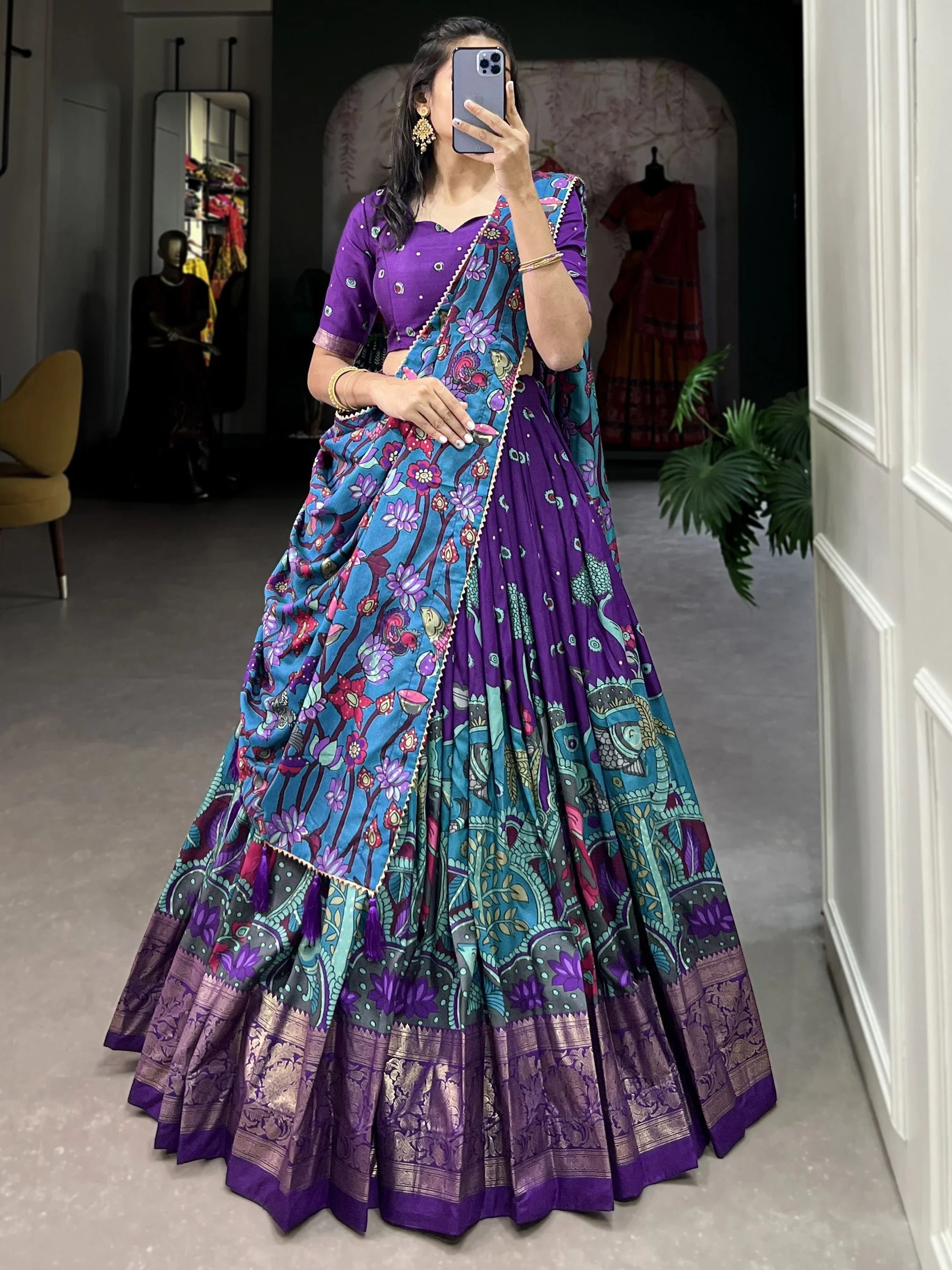 Purple Tussar Silk Kalamkari Printed Event Lehenga Choli