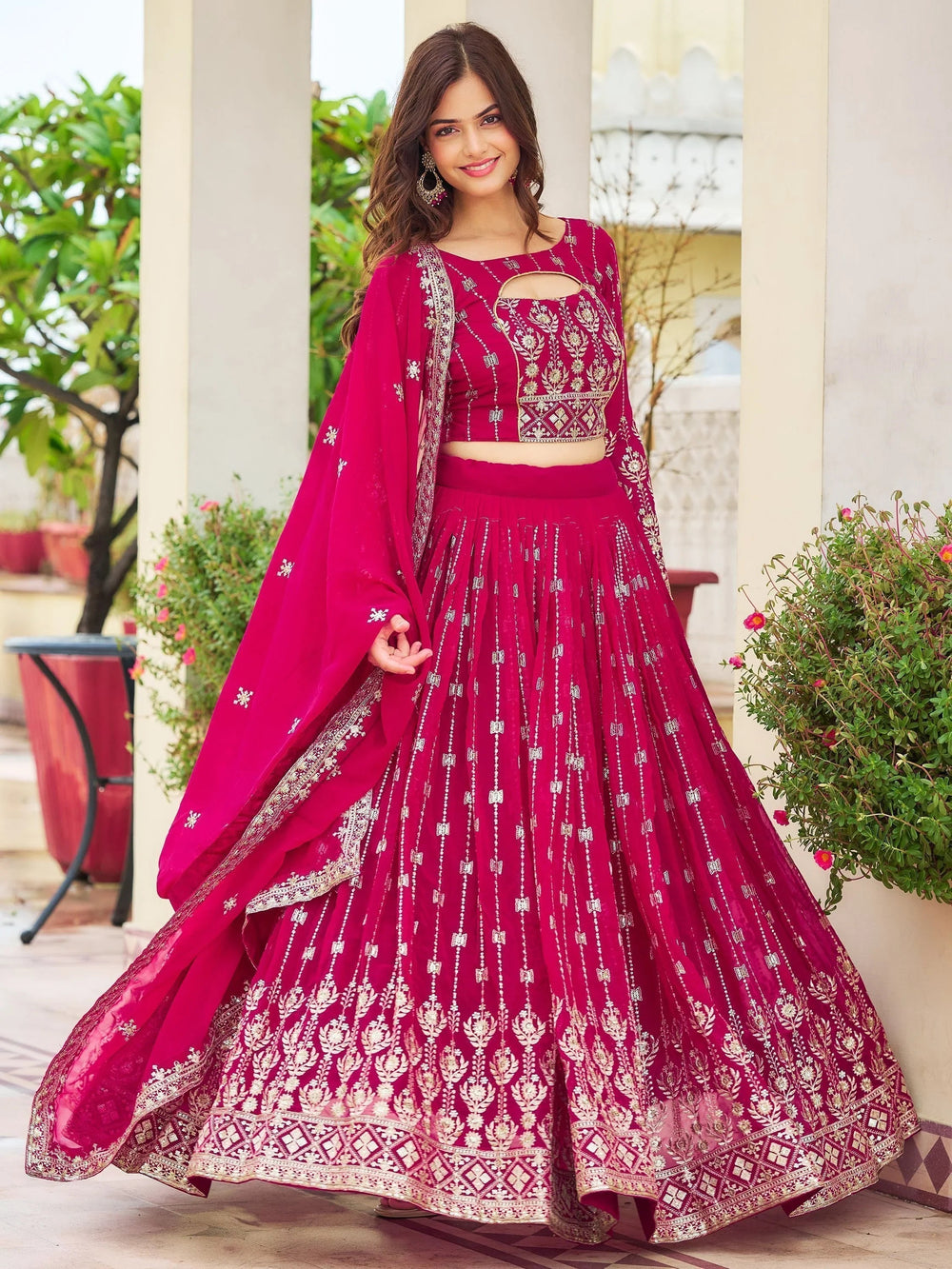 Rani Pink Embroidered Georgette Wedding Wear Lehenga Choli for Women