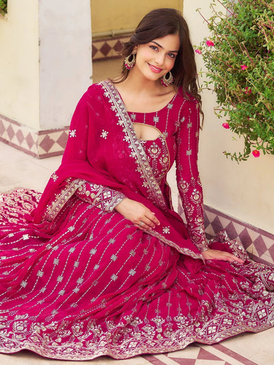 Rani Pink Embroidered Georgette Wedding Wear Lehenga Choli for Women