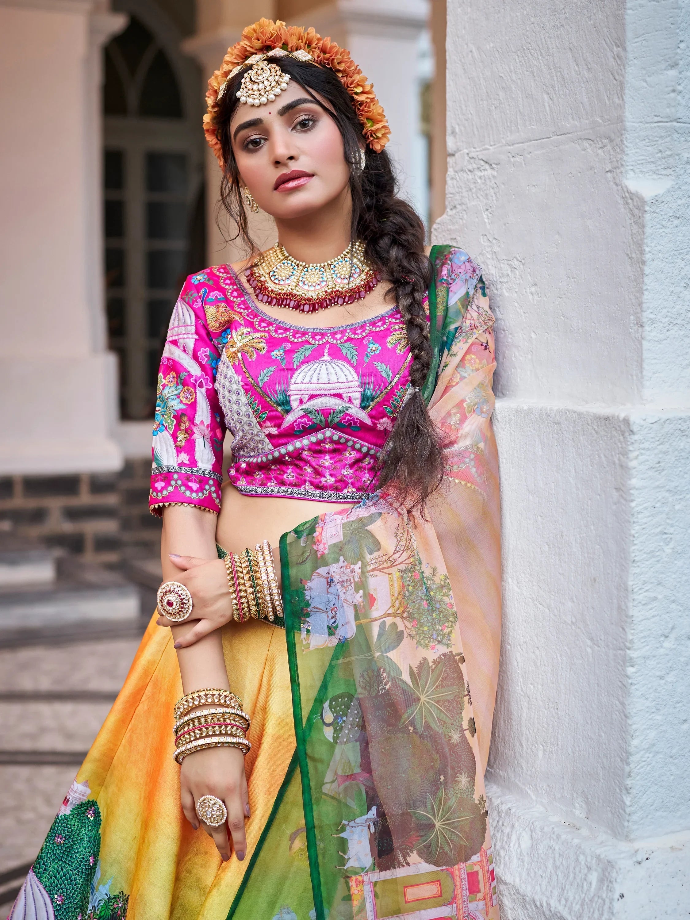 Yellow Printed Art Silk Traditional Lehenga Choli With Dupatta for Women