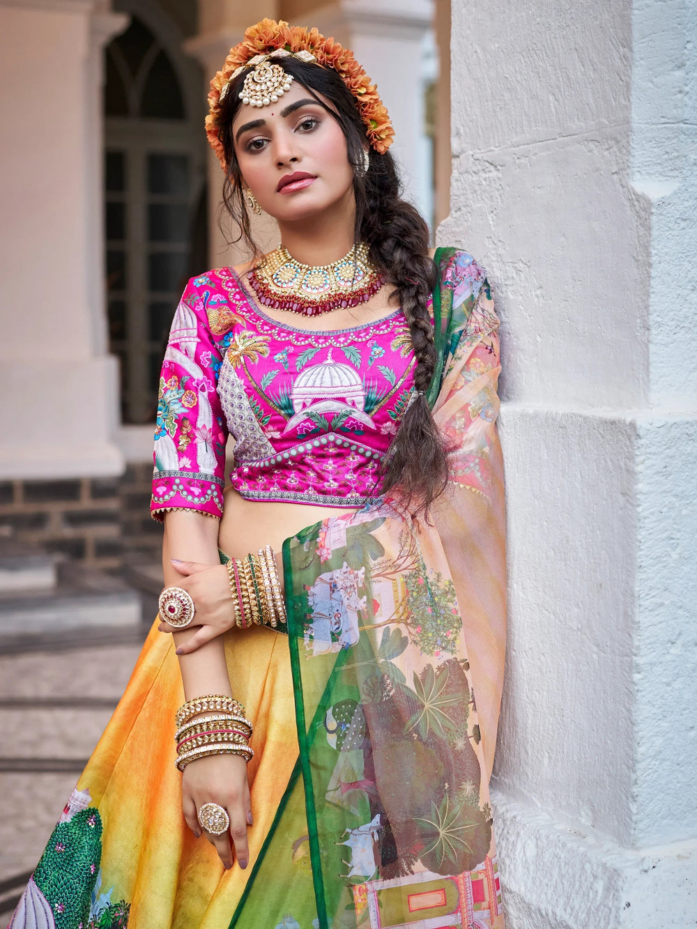 Yellow Printed Art Silk Traditional Lehenga Choli With Dupatta for Women