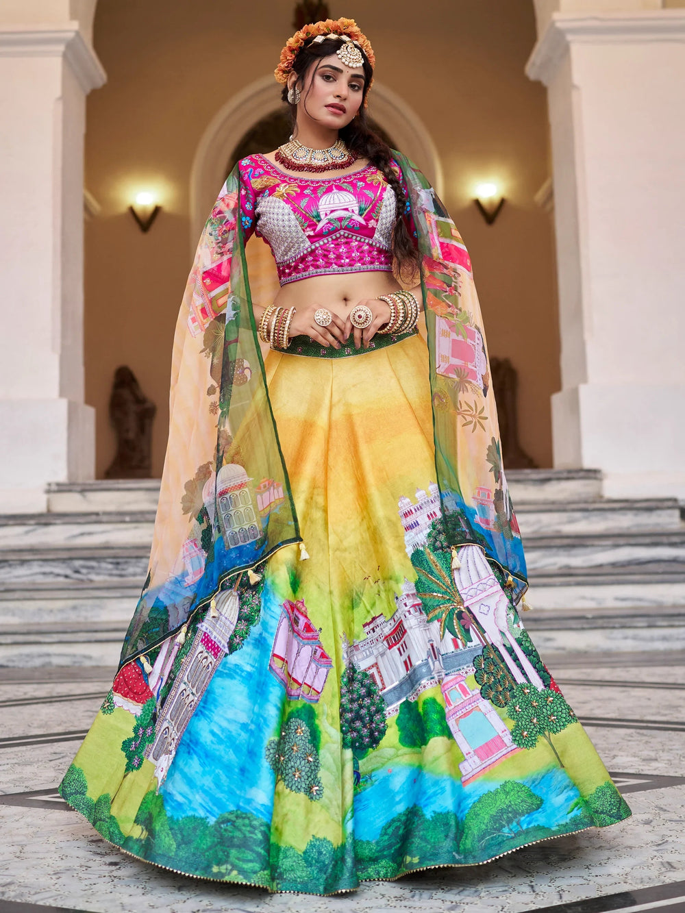 Yellow Printed Art Silk Traditional Lehenga Choli With Dupatta for Women