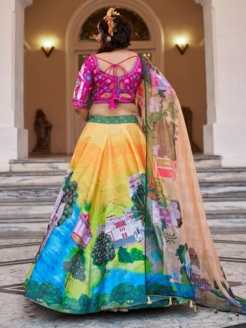 Yellow Printed Art Silk Traditional Lehenga Choli With Dupatta for Women