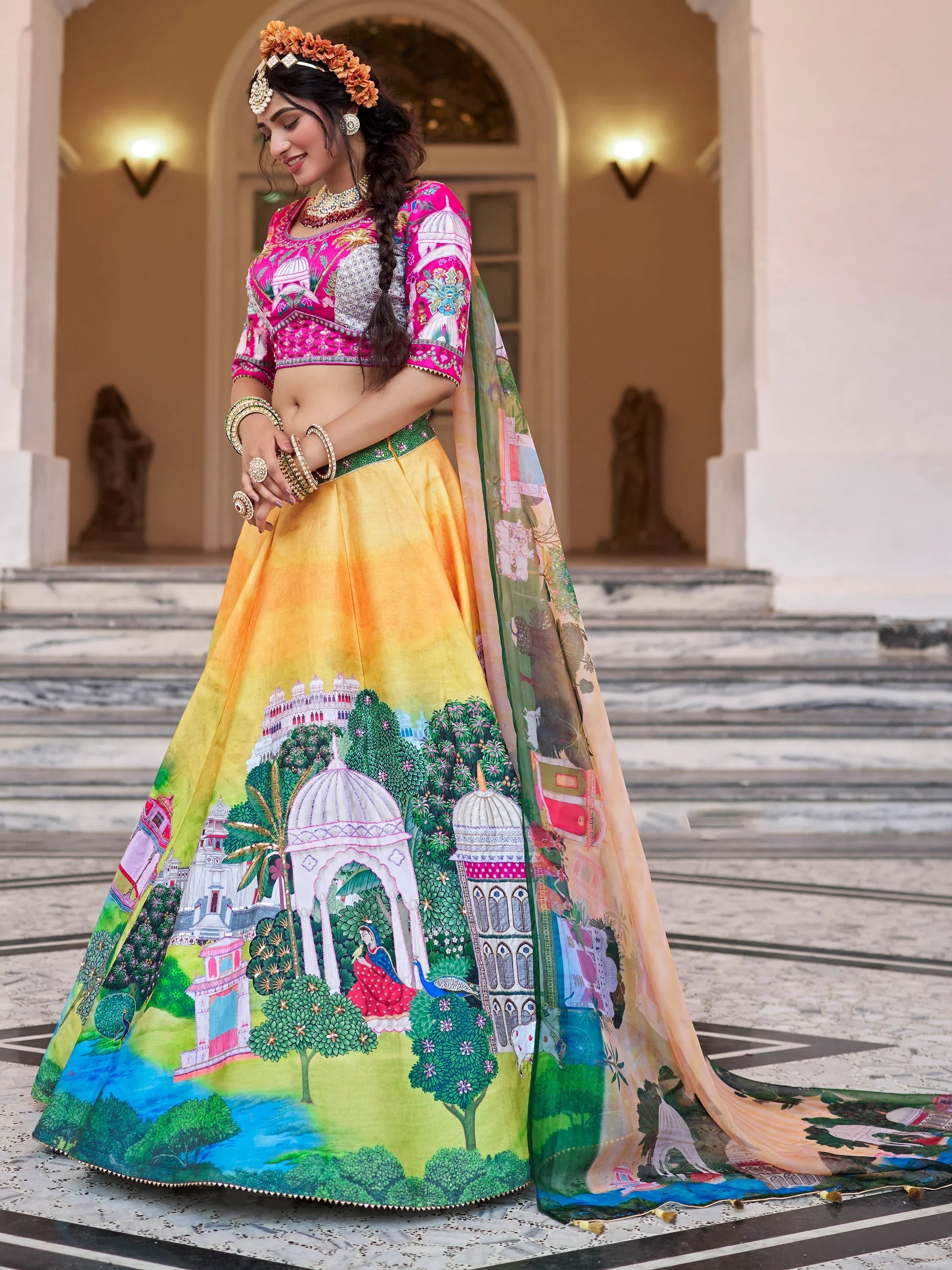 Yellow Printed Art Silk Traditional Lehenga Choli With Dupatta for Women