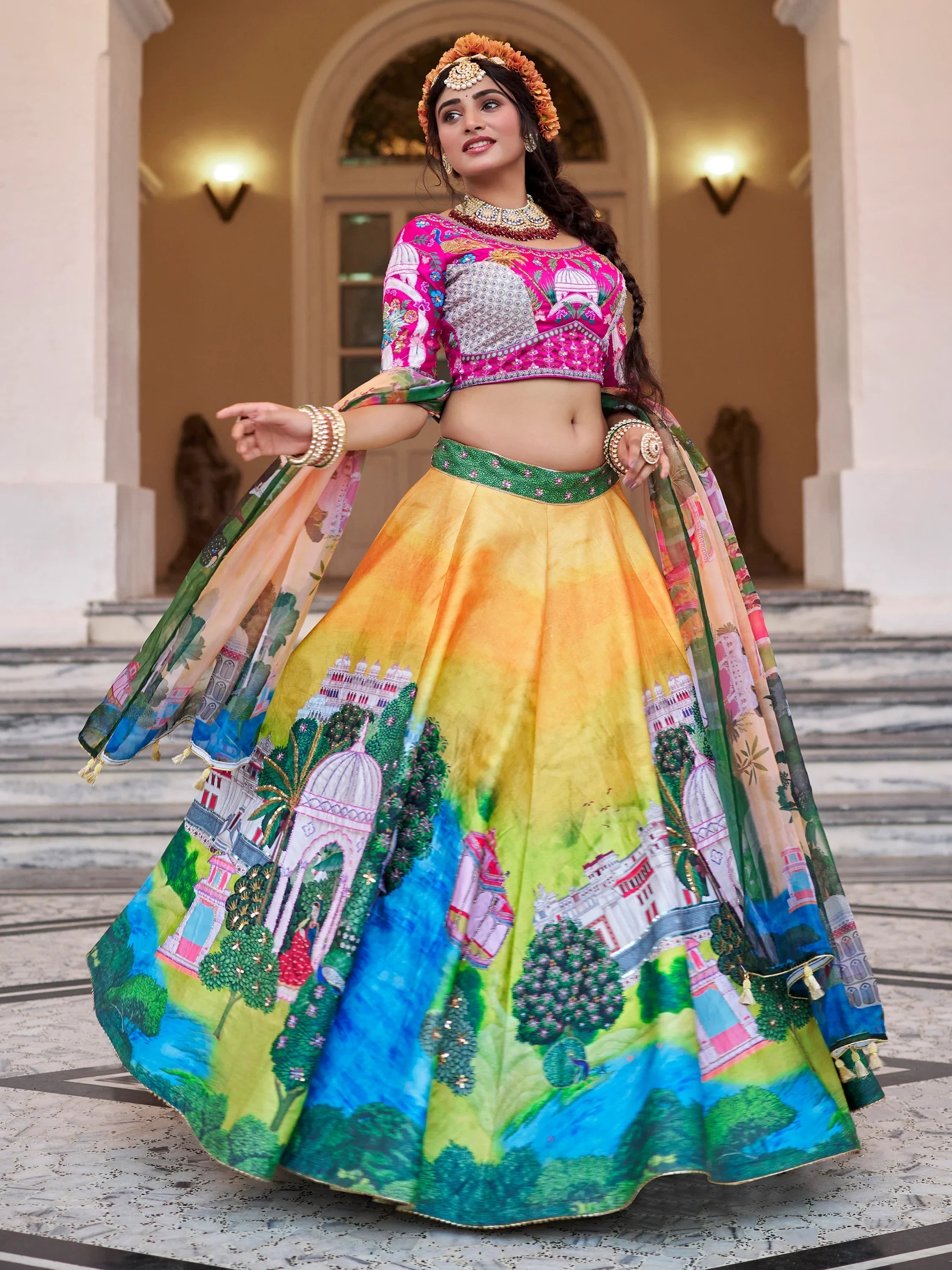 Yellow Printed Art Silk Traditional Lehenga Choli With Dupatta for Women