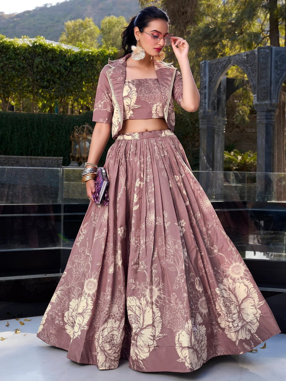 Mauve Tussar Silk Floral Printed Party Crop Top Lehenga With Jacket