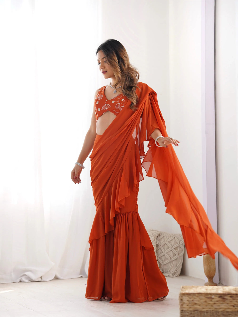 Rust Zari Embroidered Georgette Ready To Wear Sharara Saree