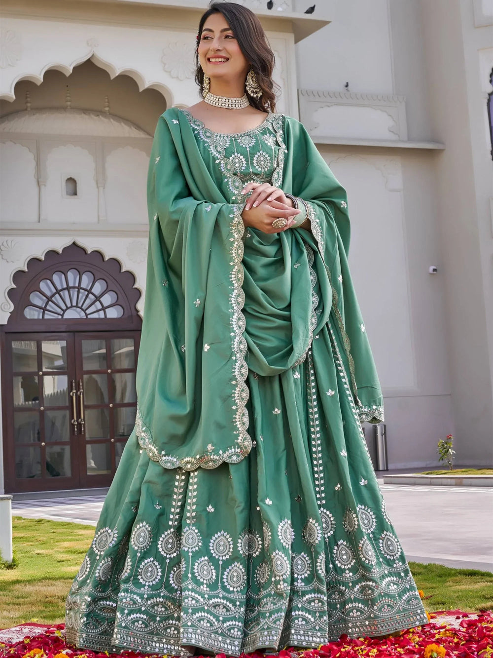Green Graceful Embroidered Silk Function Wear Lehenga Choli for Women