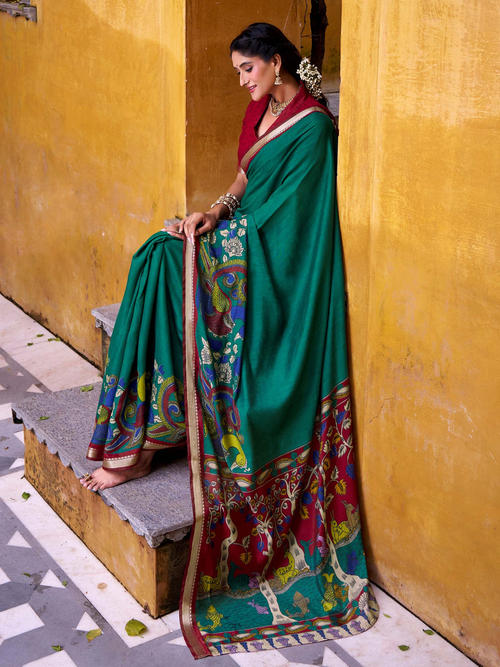 Green Chanderi Kalamkari Printed Saree With Blouse