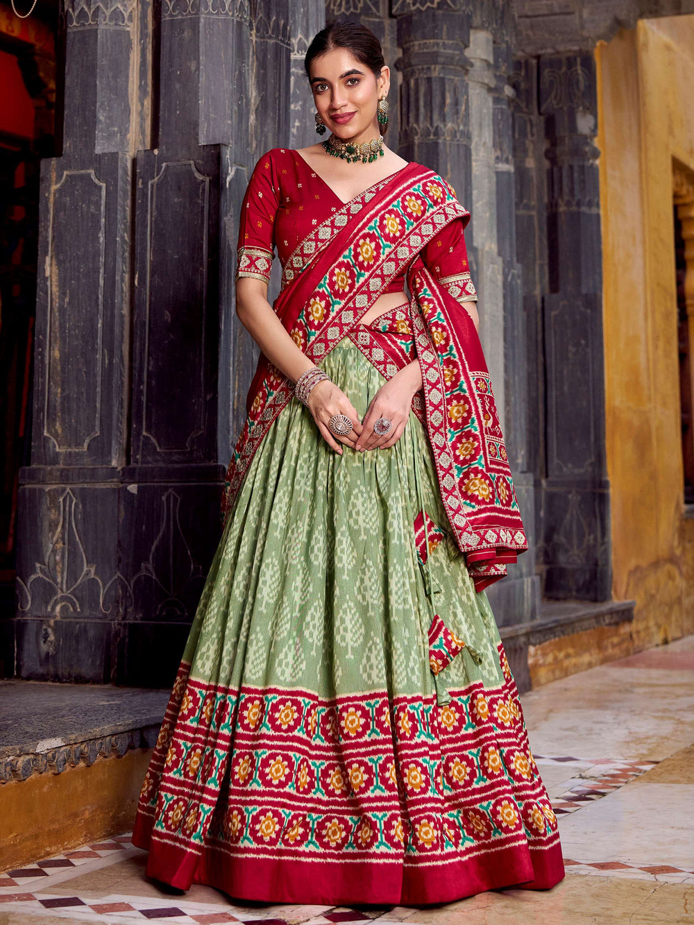 Sage Green Silk Ikkat Printed Traditional Lehenga Choli